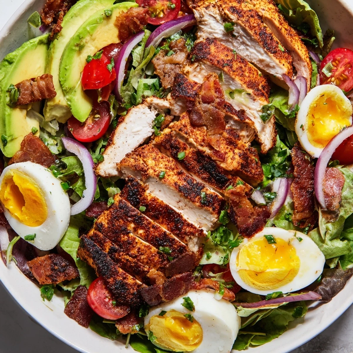 Freshly grilled chicken slices rest atop a bed of mixed greens, with bacon crumbles, avocado, cherry tomatoes, and hard-boiled eggs, drizzled with paleo honey Dijon dressing.