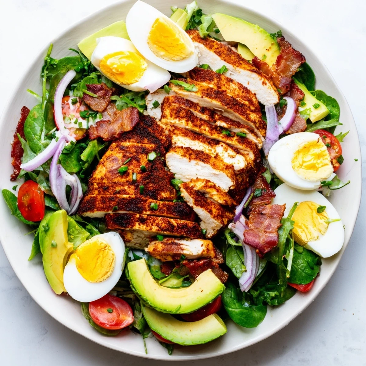 Close-up view of Paleo Grilled Chicken Cobb Salad with grilled chicken breast, sliced avocado, halved tomatoes, and a light honey Dijon dressing, perfect for a healthy meal.