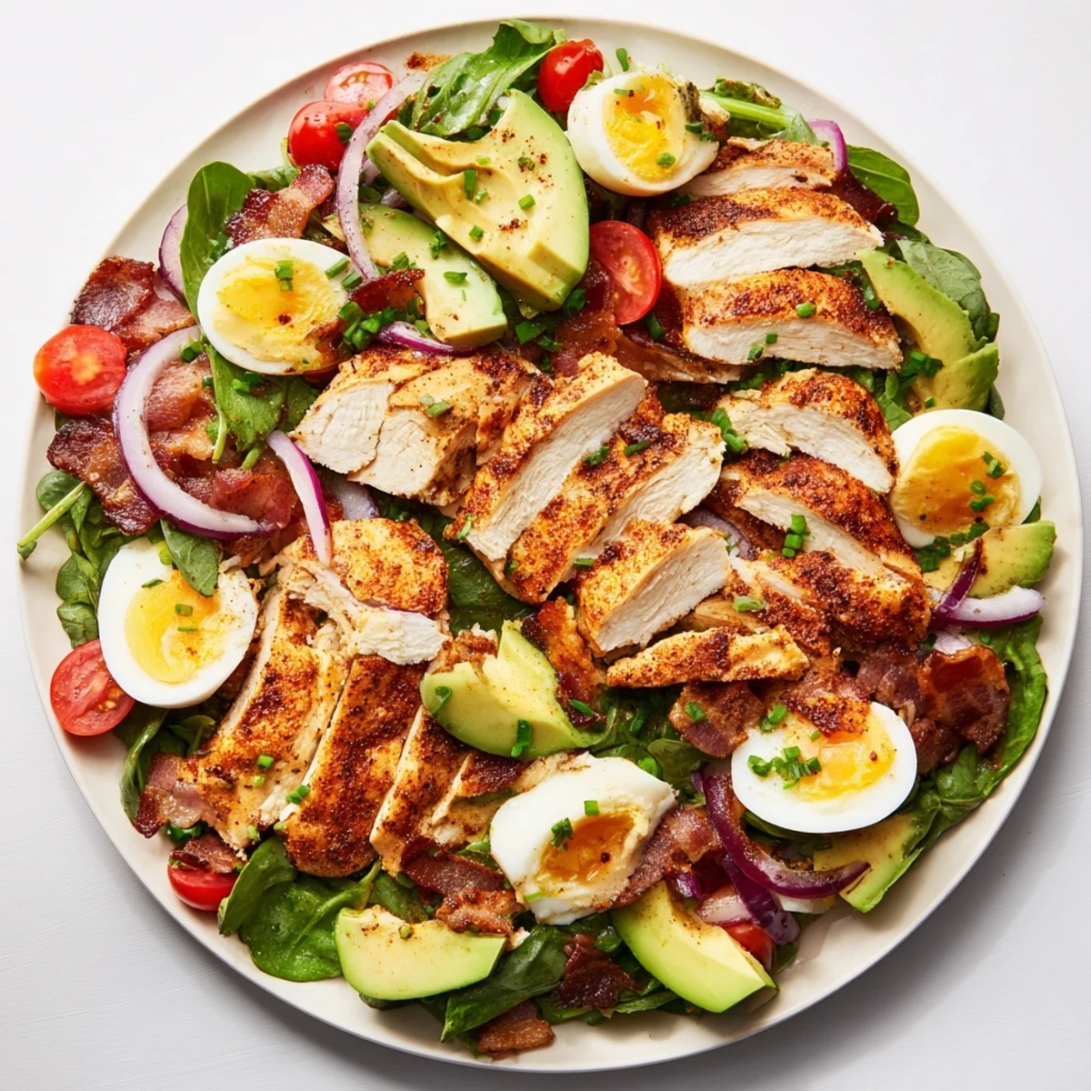 A vibrant platter of Paleo Grilled Chicken Cobb Salad featuring smoky chicken, crisp bacon, and colorful vegetables, tossed in a tangy honey Dijon vinaigrette.