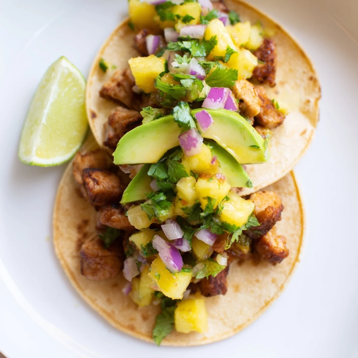 Pineapple chicken tacos topped with creamy avocado slices and vibrant cilantro garnish ready to serve.