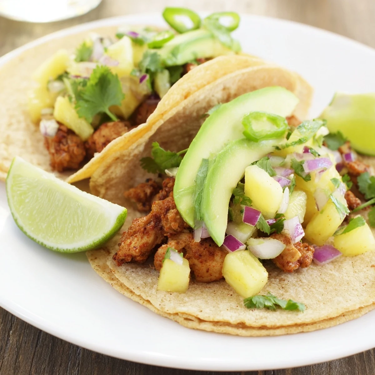 Grilled pineapple chicken tacos with smoky charred edges served with lime wedges on a plate.