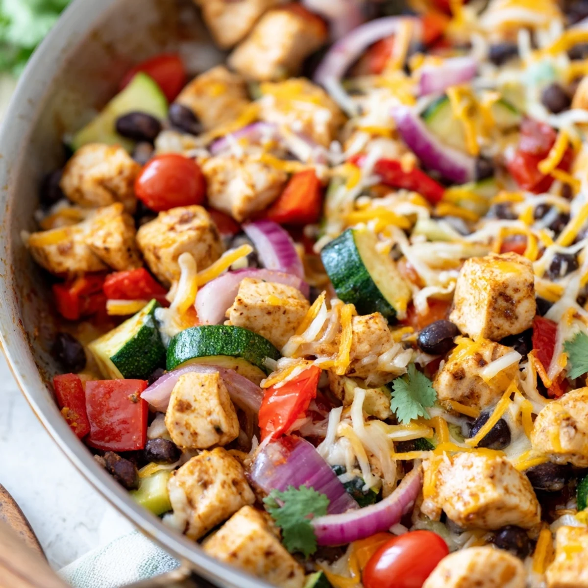 Golden, cheesy Tex Mex Chicken and Zucchini sizzling in a skillet with fresh cilantro garnish.