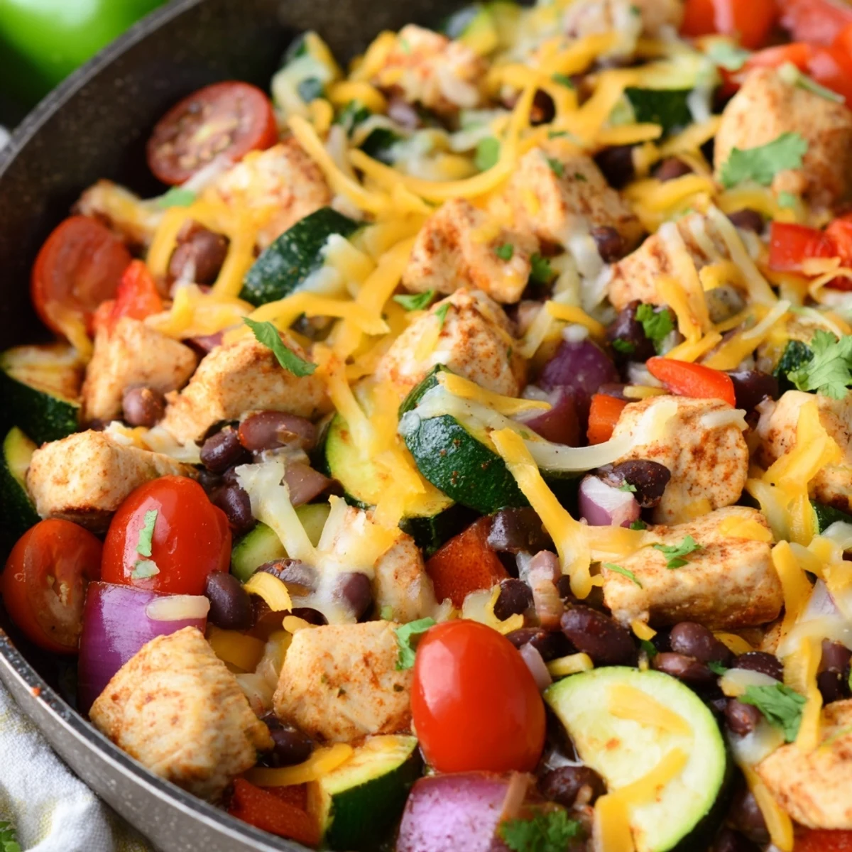 A close-up view of Tex Mex Chicken and Zucchini featuring juicy chicken and sautéed zucchini.