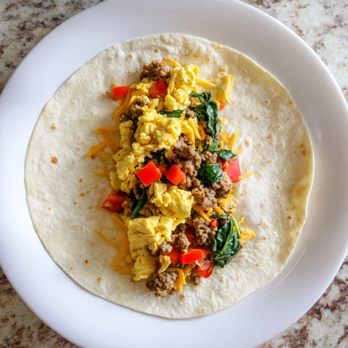 Golden, flaky Make-Ahead Breakfast Burritos filled with eggs, sausage, and vibrant veggies on a rustic plate.