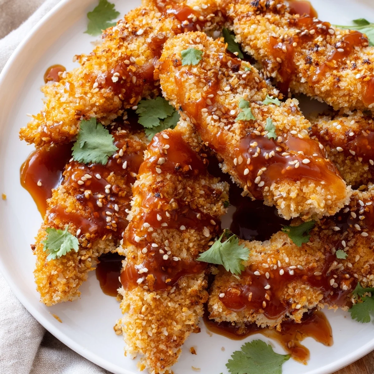 Golden-baked Thai Sticky Chicken Fingers coated in a glossy, sweet and spicy sauce, garnished with cilantro and sesame seeds.