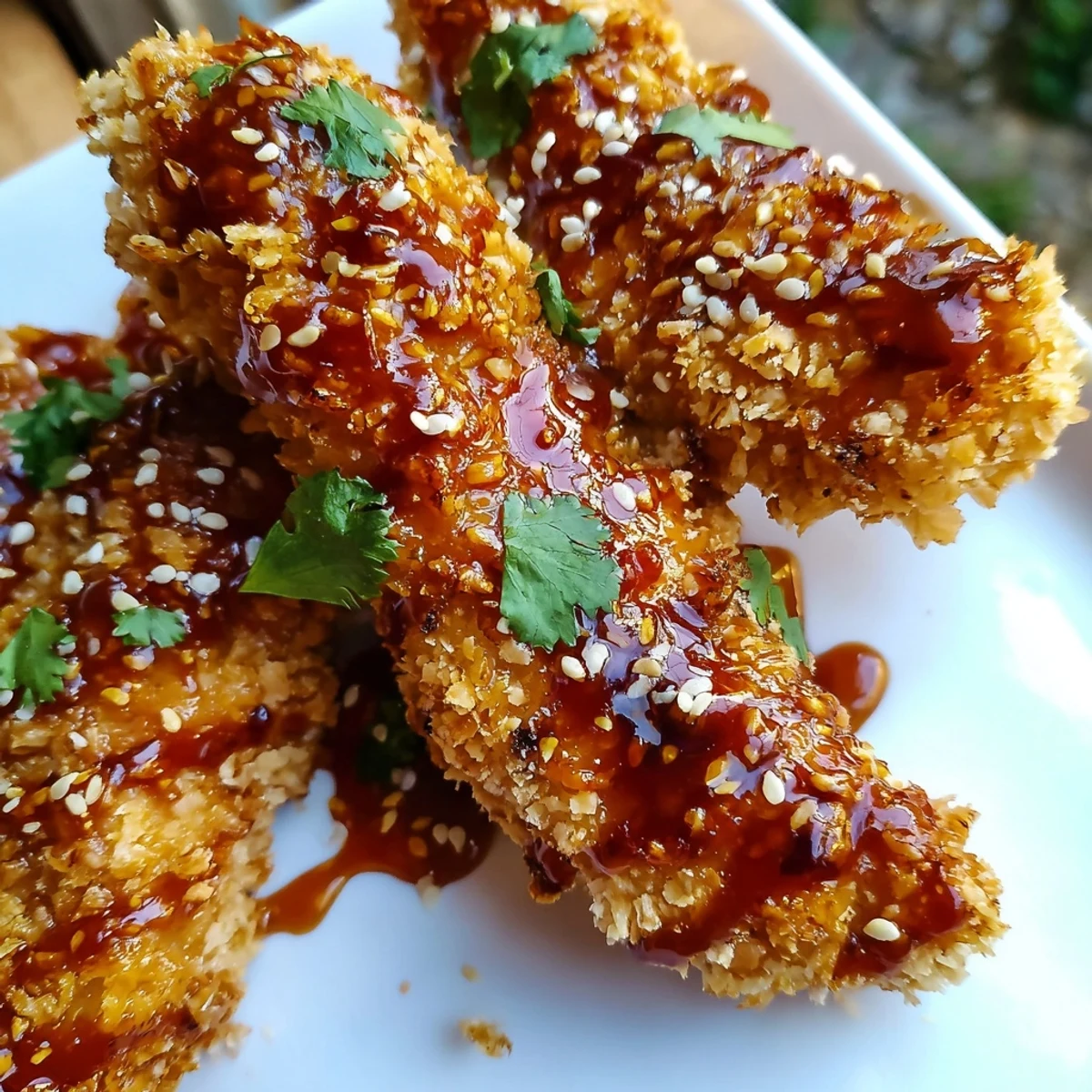 A close-up of Thai Sticky Chicken Fingers reveals tender chicken strips with toasted coconut crunch, ready for game day snacking.