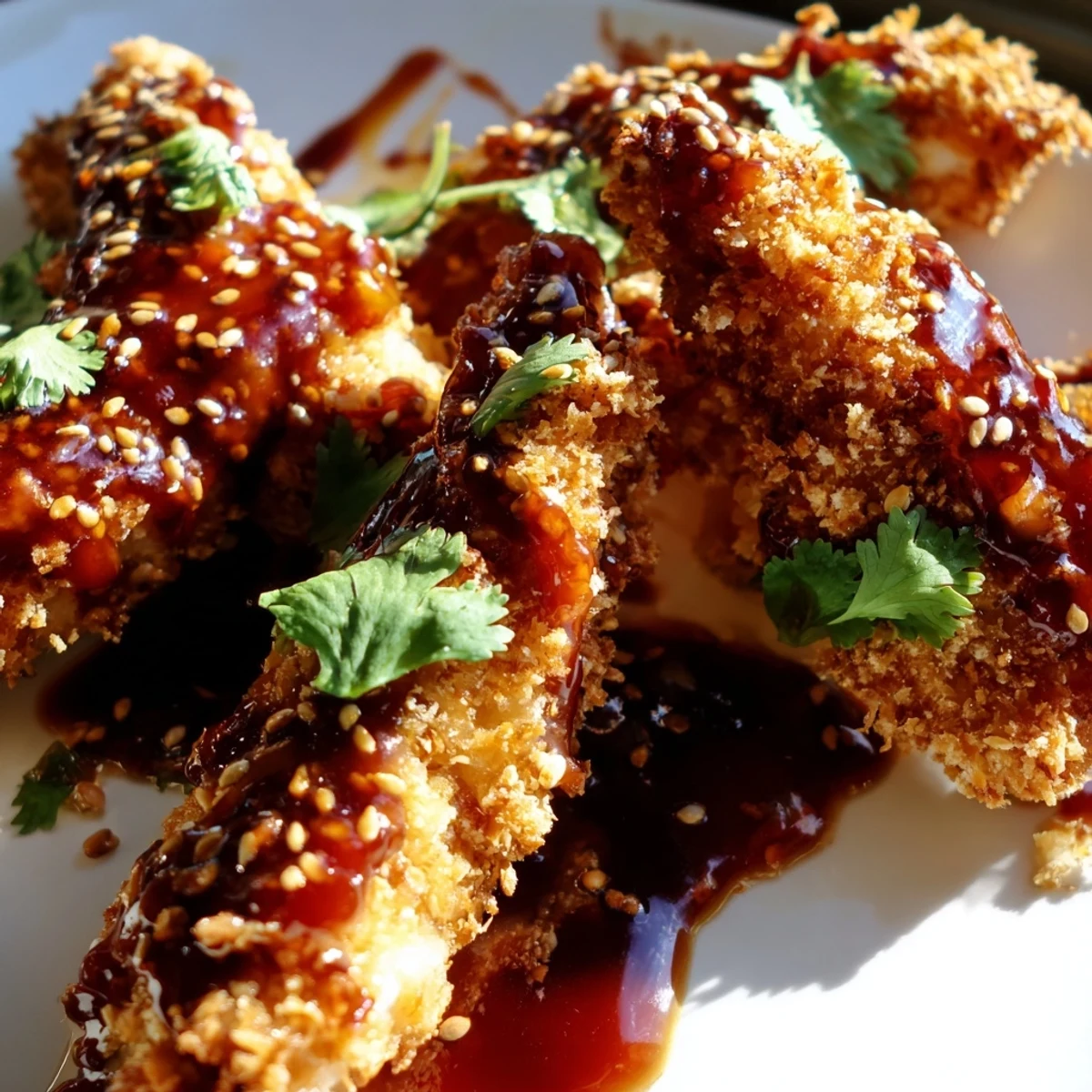 Piled high on a platter, Thai Sticky Chicken Fingers feature crispy panko crusts drenched in tangy glaze with lime wedges.
