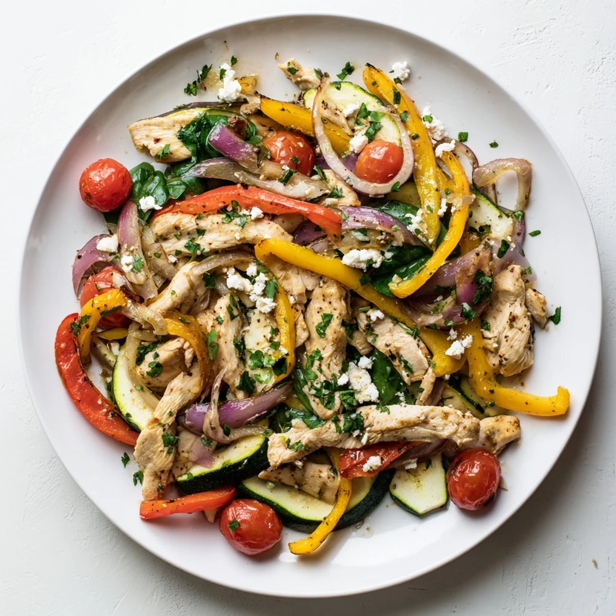 Fresh Mediterranean Chicken Stir Fry plated over fluffy quinoa, topped with feta and parsley, steaming with aromatic garlic and oregano.