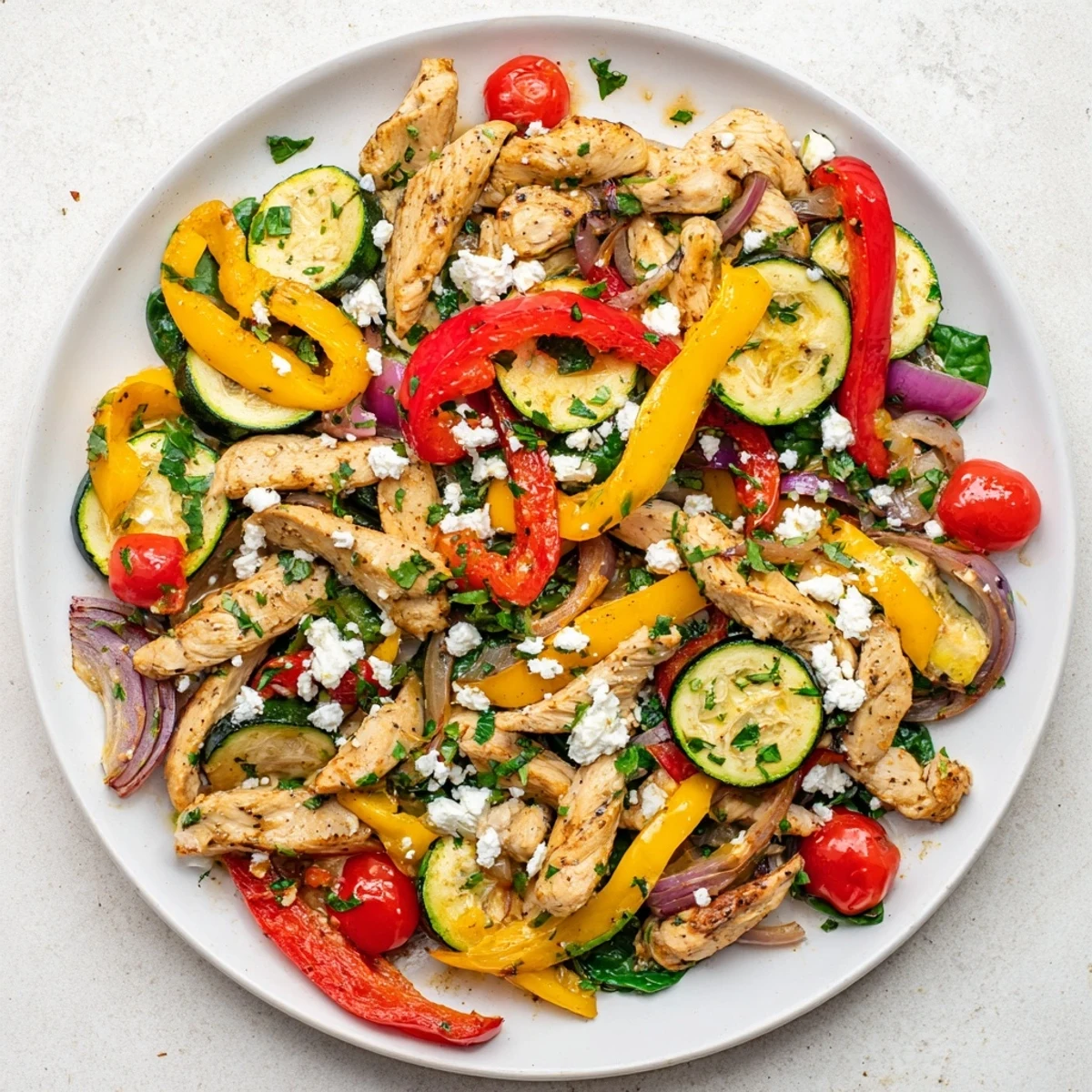 Colorful Mediterranean Chicken Stir fry in a skillet with wilted spinach and juicy tomatoes, served with a lemon wedge for brightness.