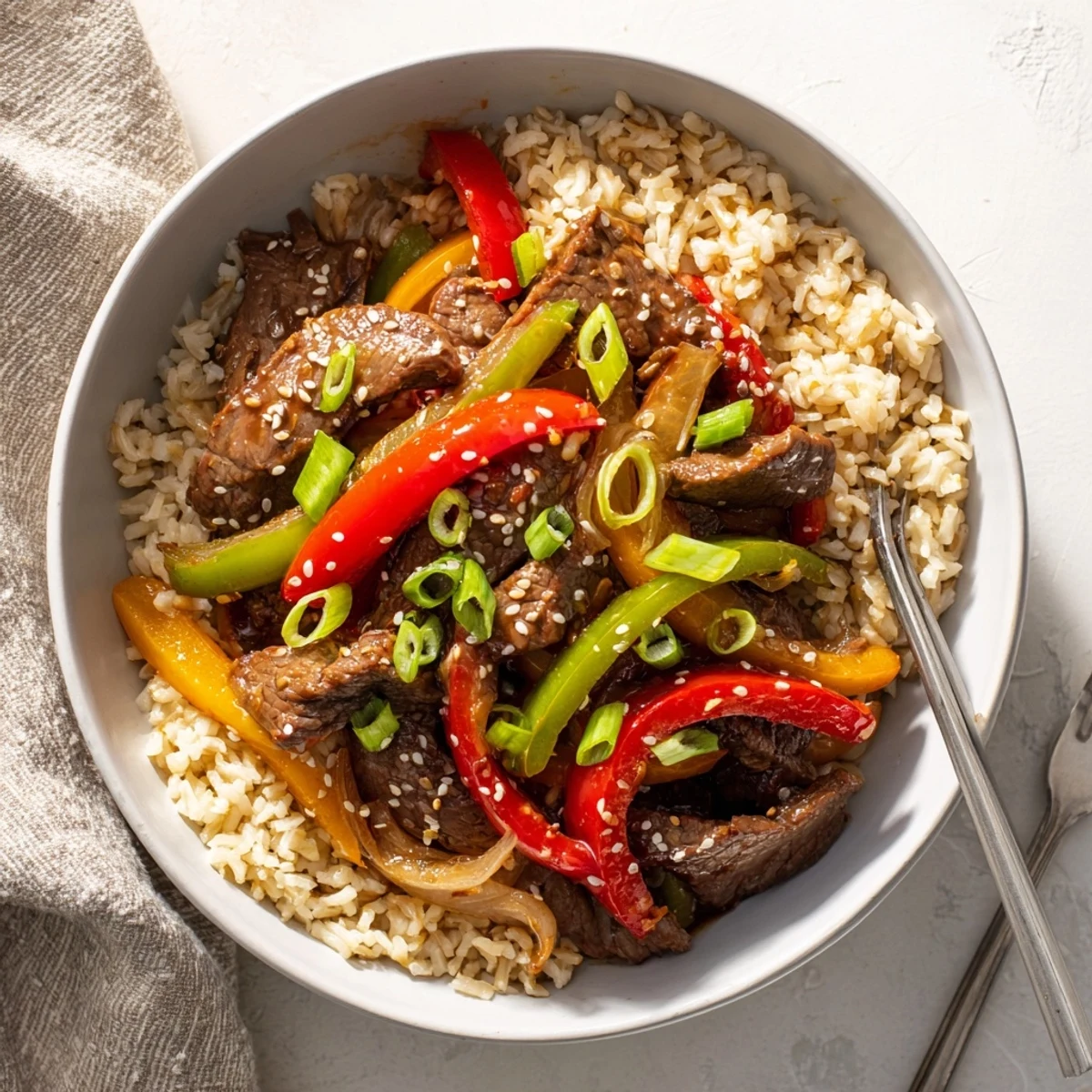 The Healthy Beef and Pepper Rice Bowl is served in a white bowl with brown rice, fresh cilantro, and toasted sesame seeds.