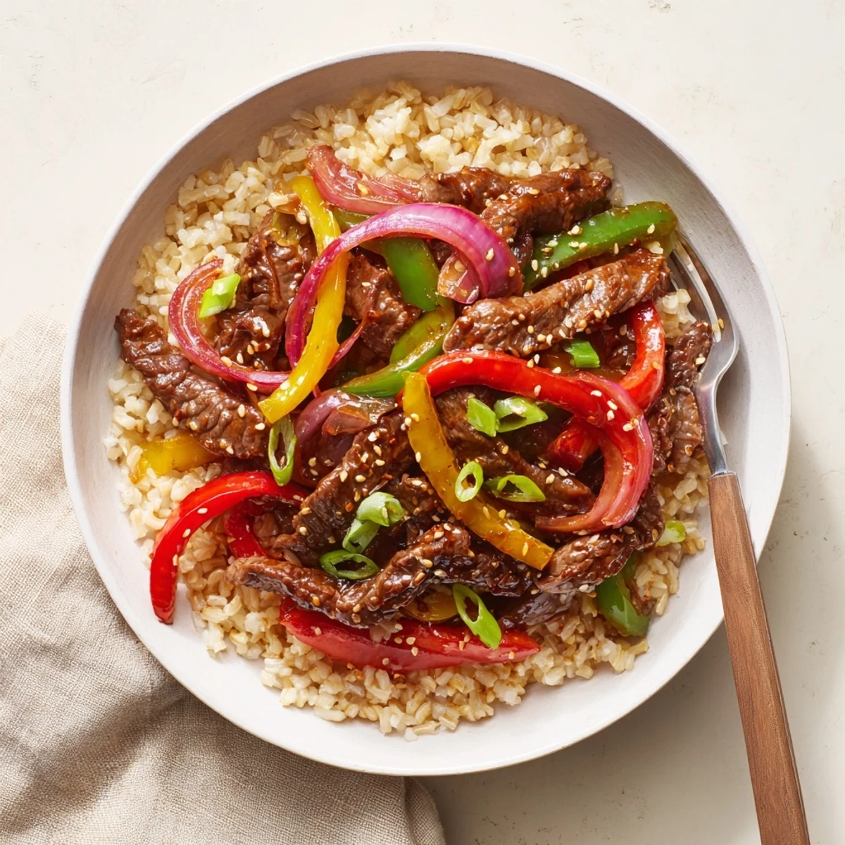 A close-up of the Healthy Beef and Pepper Rice Bowl showing tender beef strips, colorful bell peppers, and savory garlic-ginger sauce.