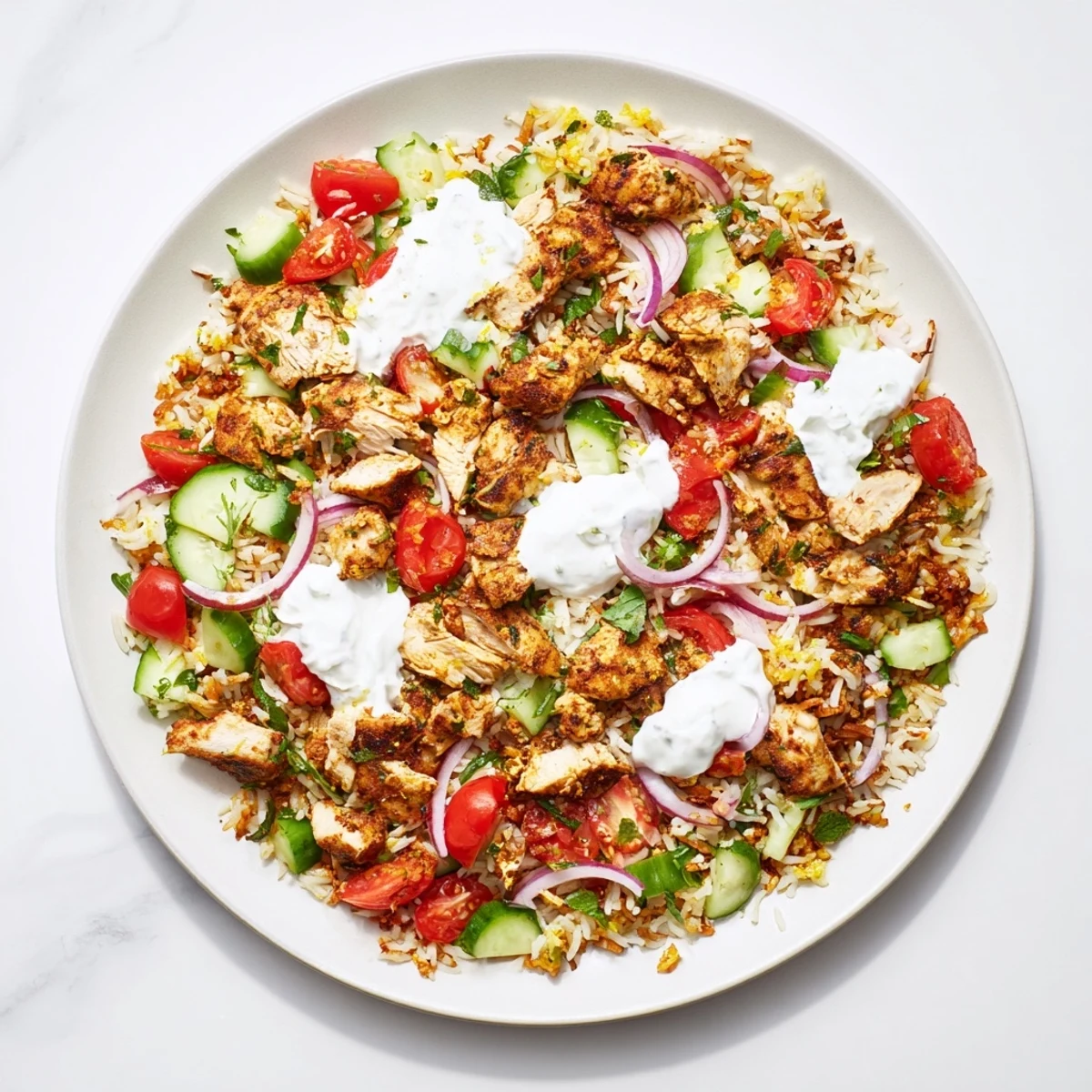 Golden shawarma spiced chicken rests atop crispy basmati rice with diced cucumber and tomatoes in a yogurt dressing.