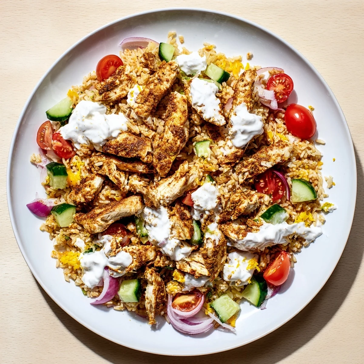 Colorful bowl of Chicken Shawarma Crispy Rice Salad with tangy yogurt drizzle and golden rice textures.
