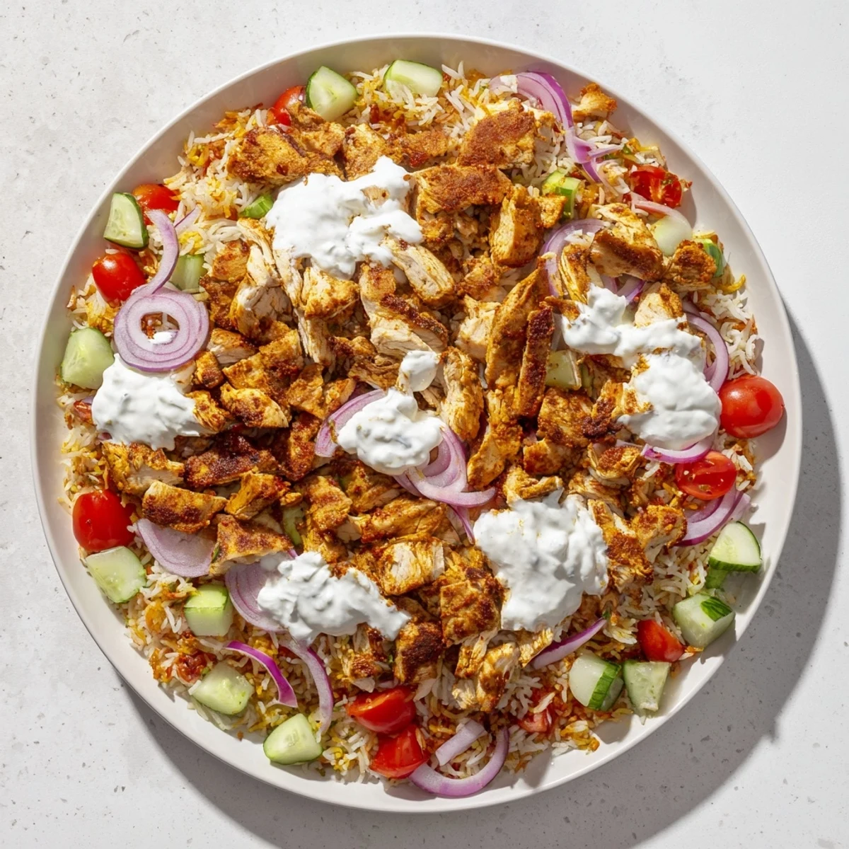 Crispy rice and tender chicken mingle with fresh veggies in this Chicken Shawarma Crispy Rice Salad.
