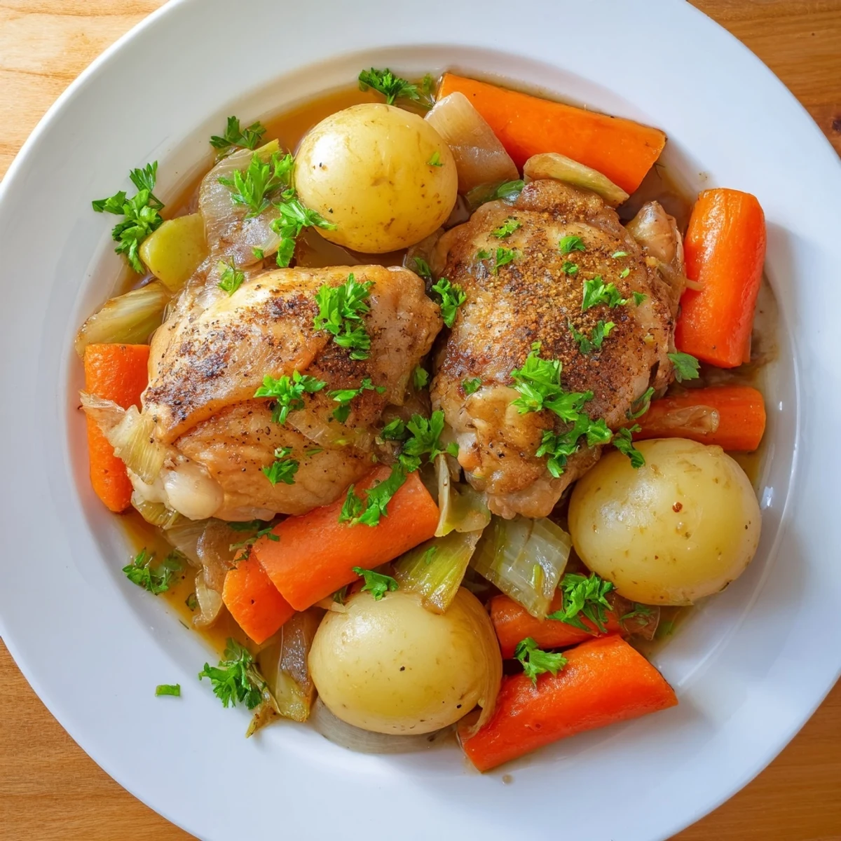 Hearty Healthy Savory Slow Cooker Chicken served steaming hot with fresh parsley garnish and savory juices.