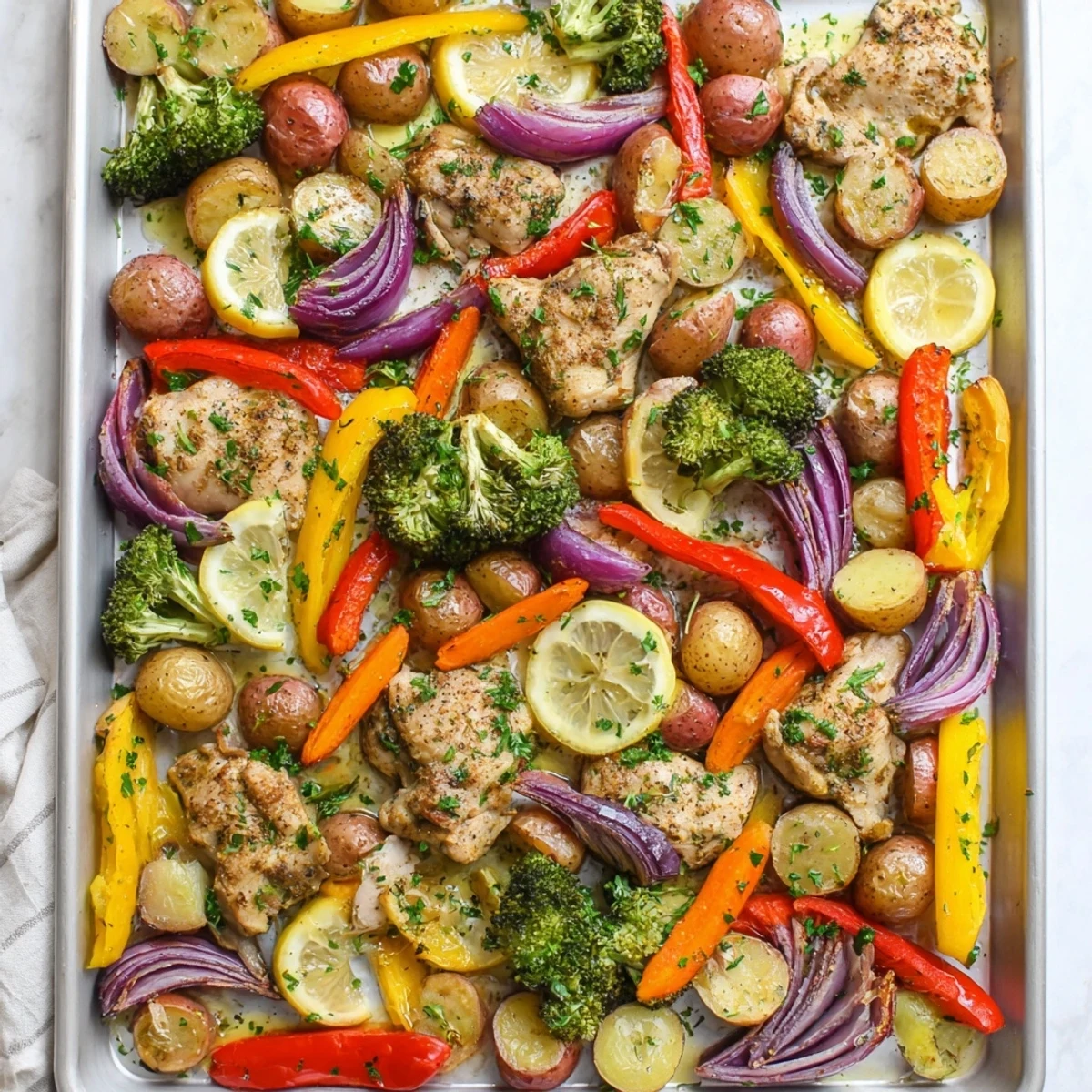 Golden roasted Sheet Pan Lemon Herb Chicken and Vegetables with tender potatoes, carrots, and broccoli, garnished with fresh parsley and lemon wedges. 