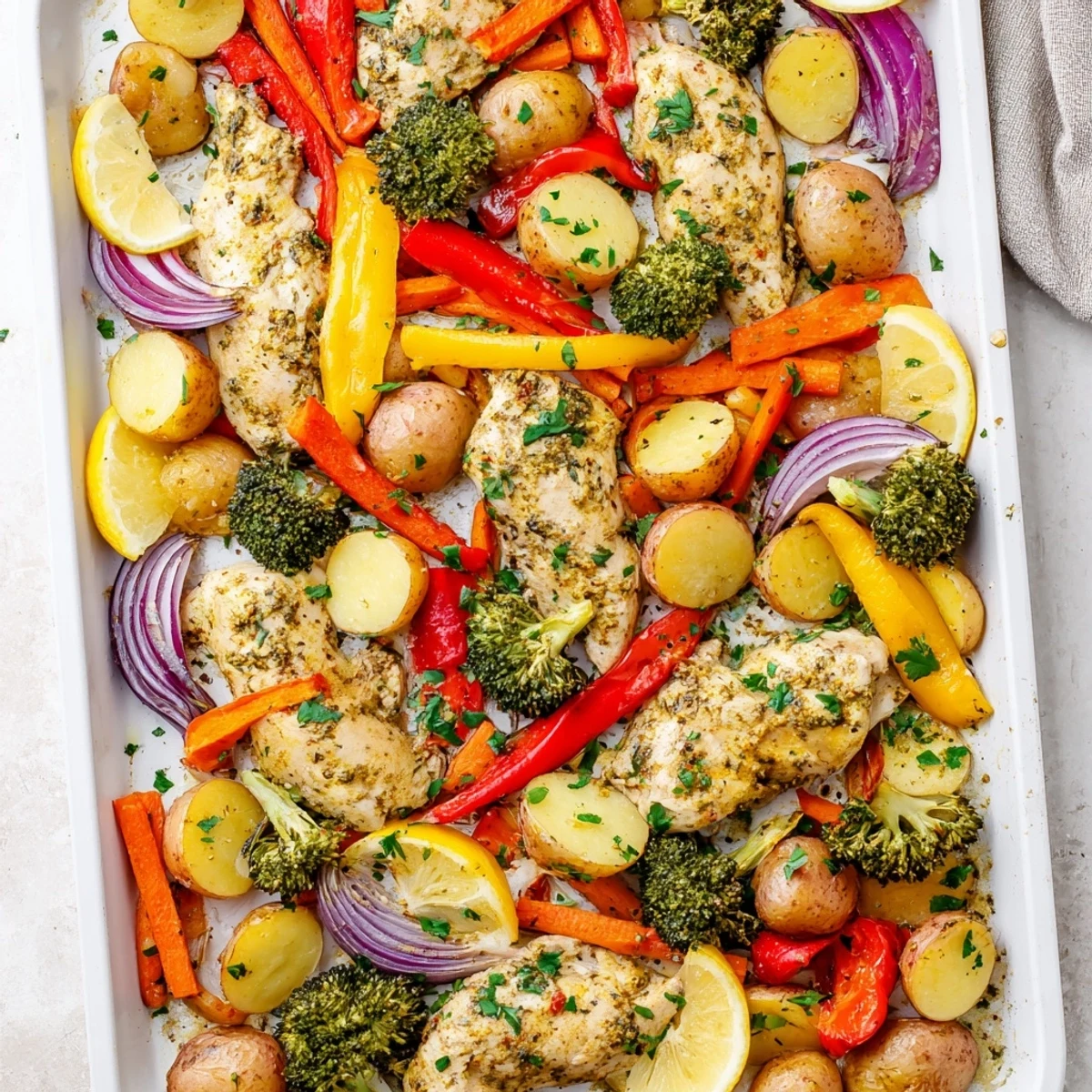 Vibrant Sheet Pan Lemon Herb Chicken and Vegetables on a baking sheet, with juicy chicken breasts nestled among colorful peppers and onions. 