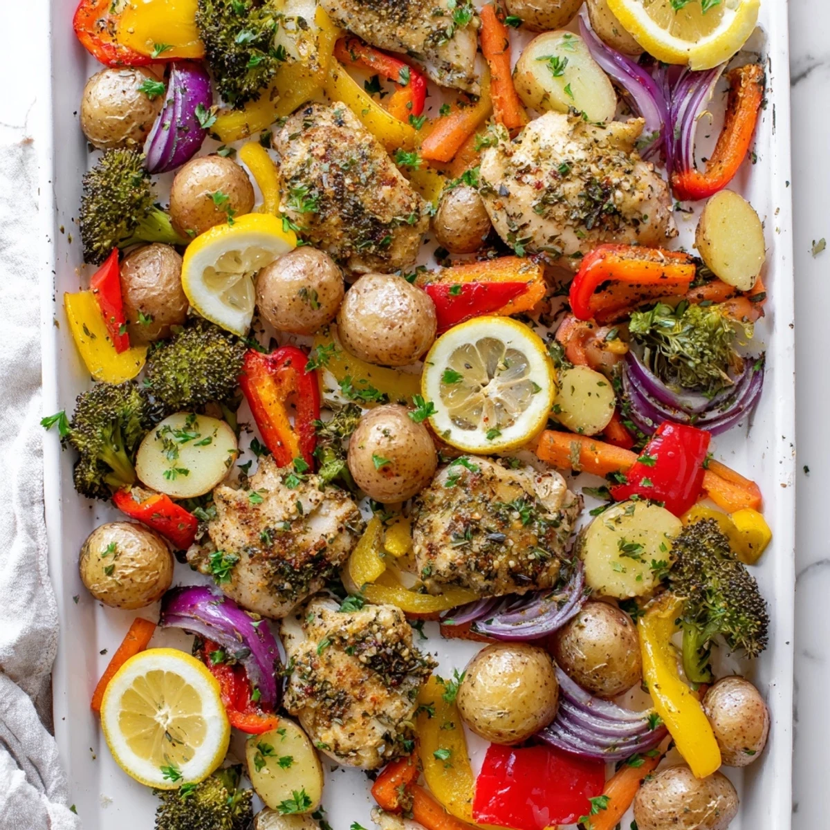 A close-up of Sheet Pan Lemon Herb Chicken and Vegetables showcasing crispy edges, zesty lemon aroma, and perfectly cooked, colorful vegetables.