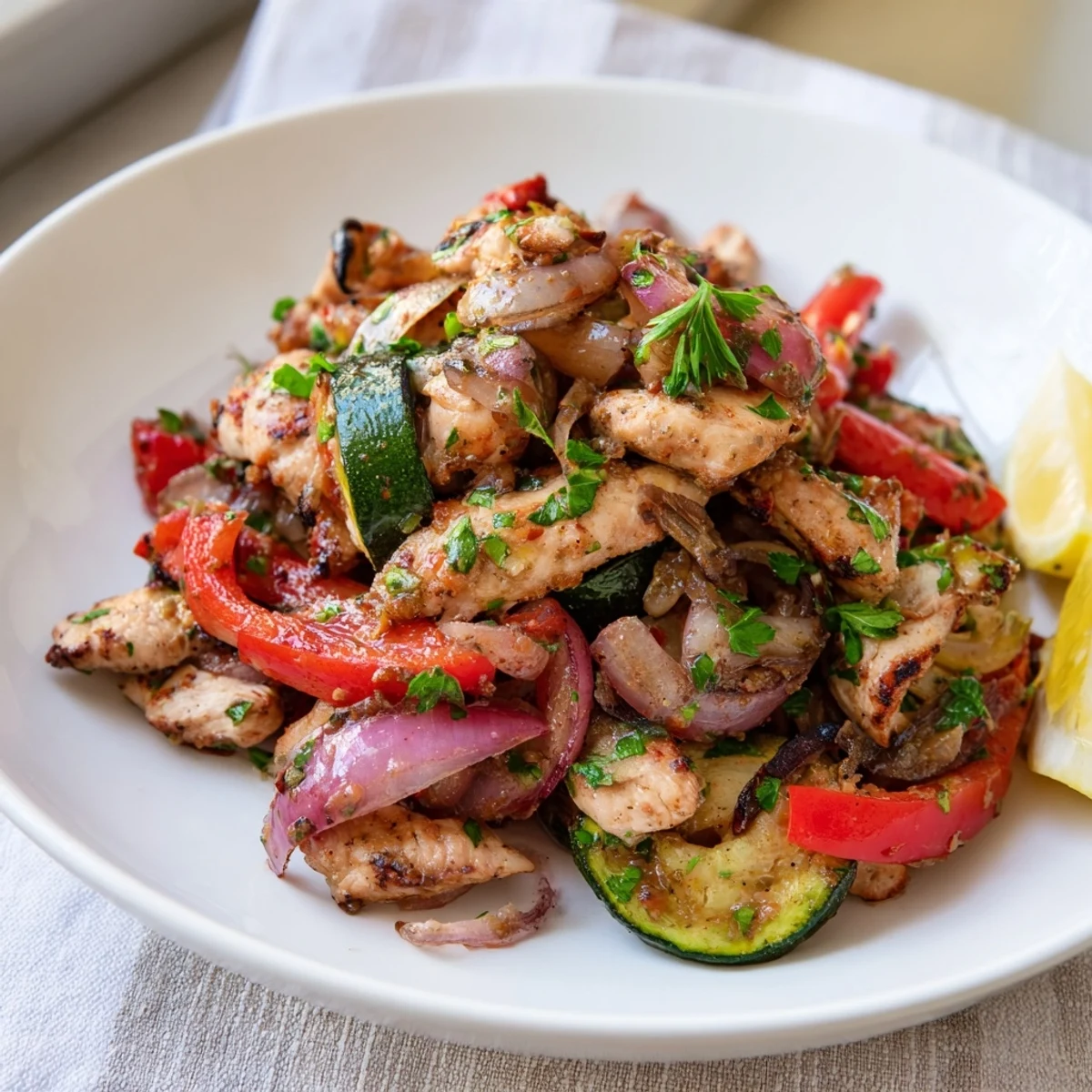 Golden chicken strips, red bell pepper, and zucchini sizzling in a skillet with fresh oregano for a Mediterranean Chicken Stir Fry.