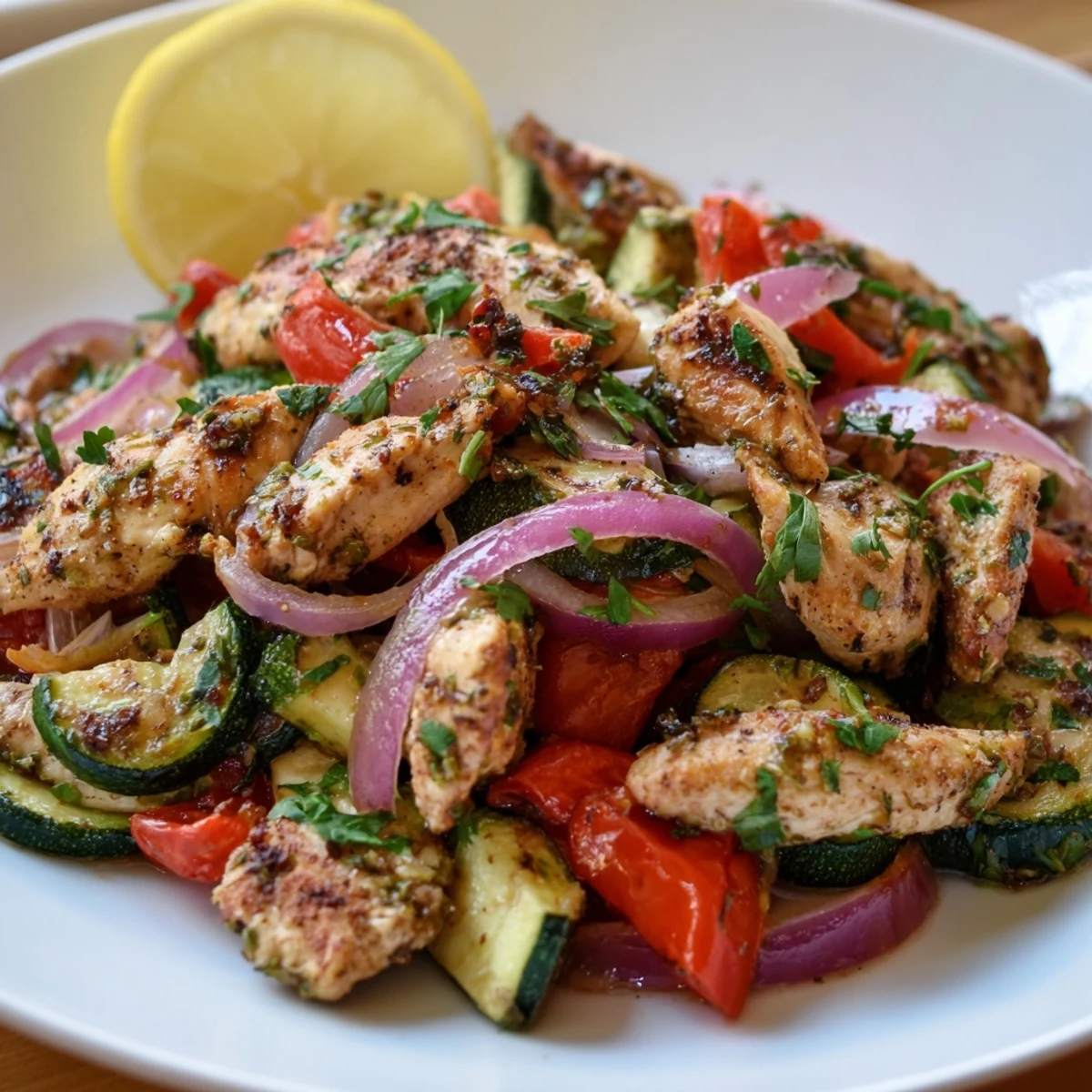 Fresh Mediterranean Chicken Stir Fry plated with parsley and lemon wedges, served over fluffy quinoa for a healthy, vibrant dinner.