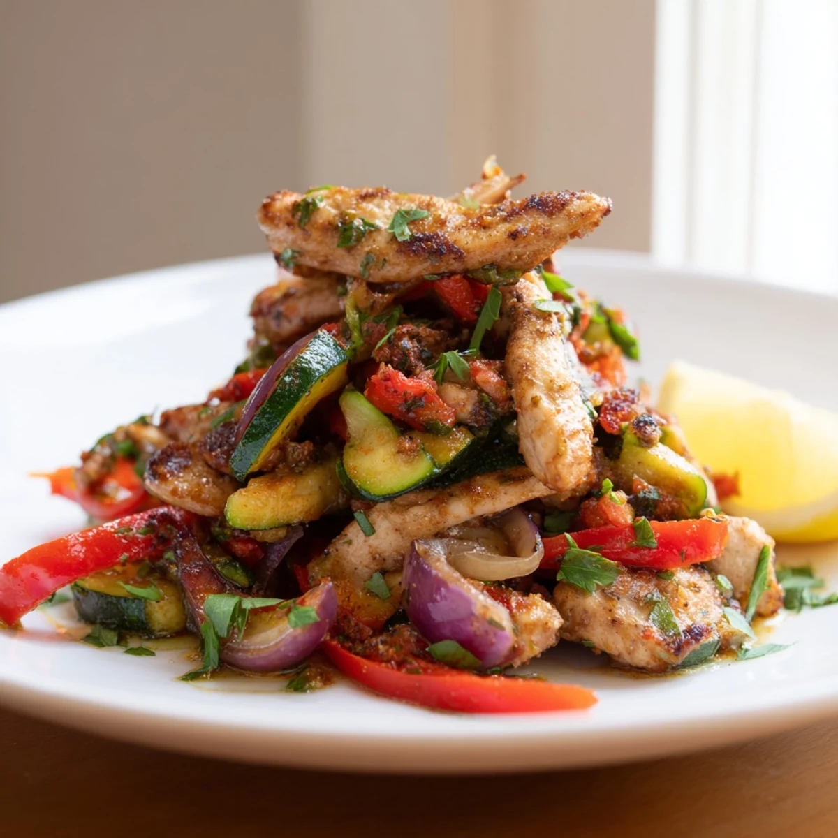 Close-up of tender Mediterranean Chicken Stir Fry in a wok, showing juicy chicken and crisp vegetables seasoned with garlic and olive oil.