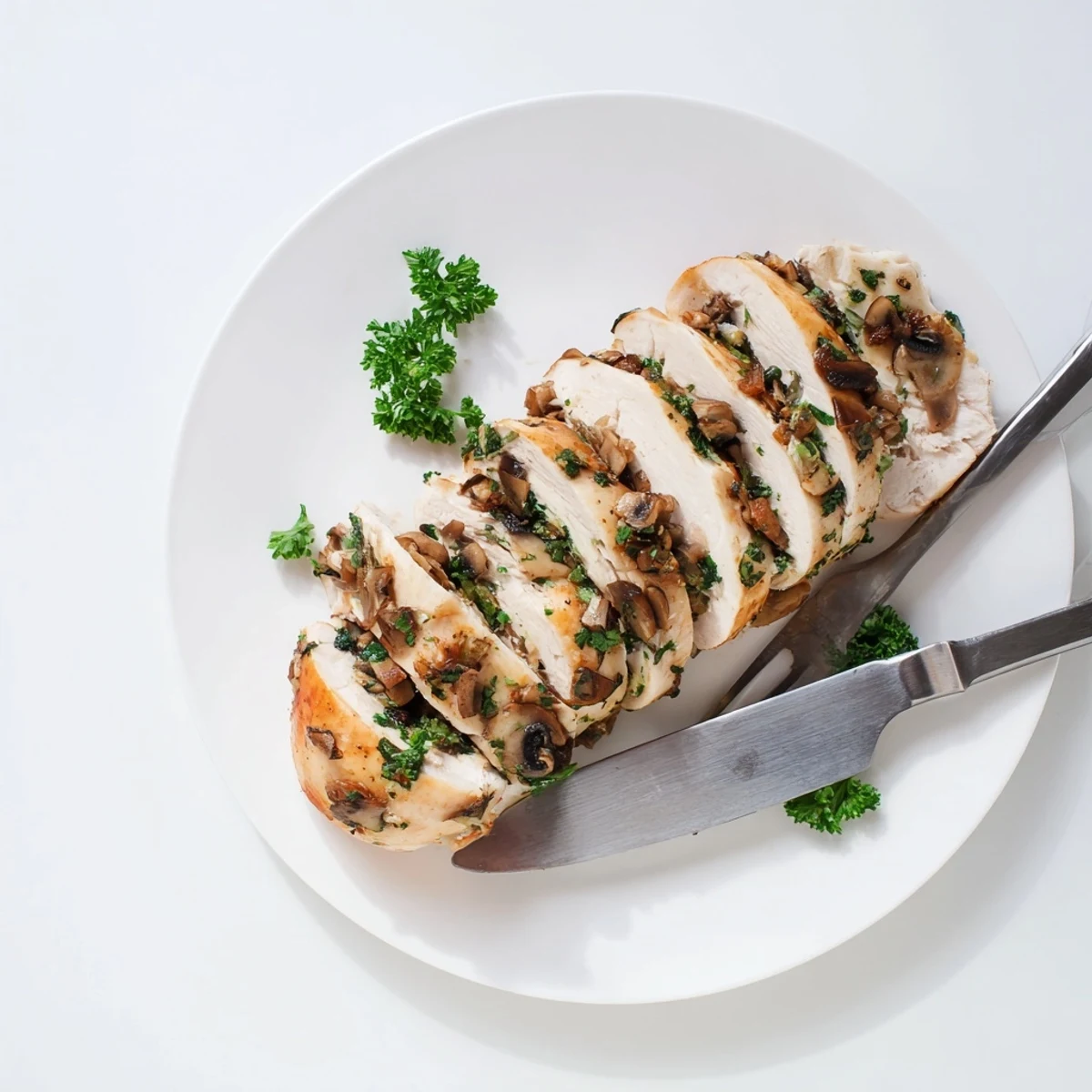 Golden mushroom stuffed chicken breast sliced open to reveal savory herb filling on a white plate