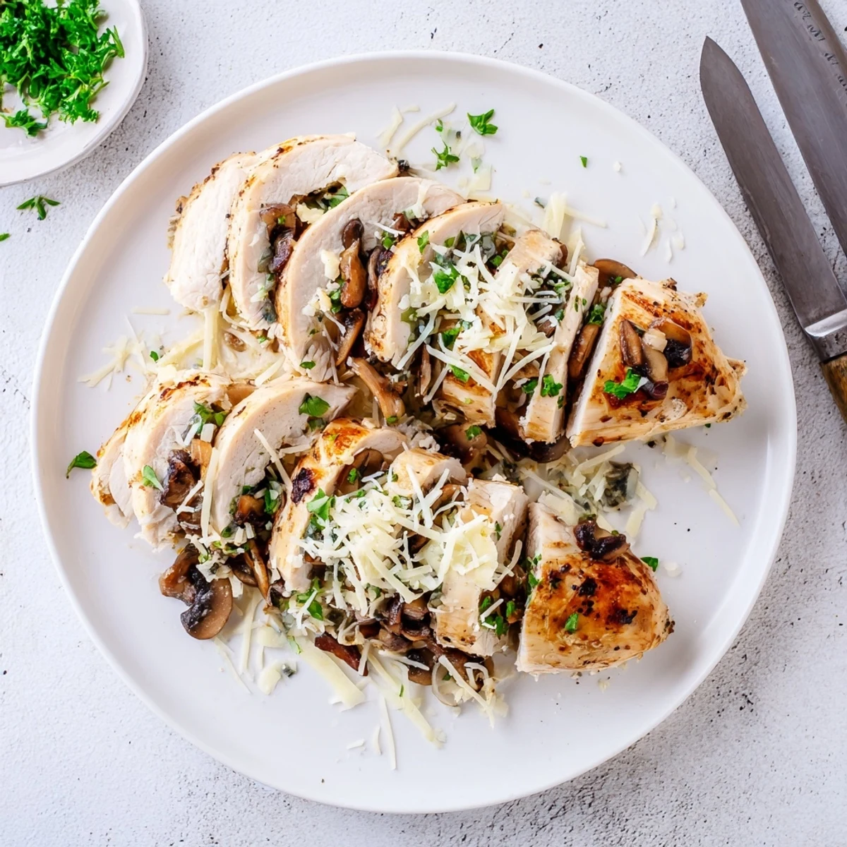 Mushroom stuffed chicken breast seared to golden perfection with melted mozzarella and fresh parsley garnish