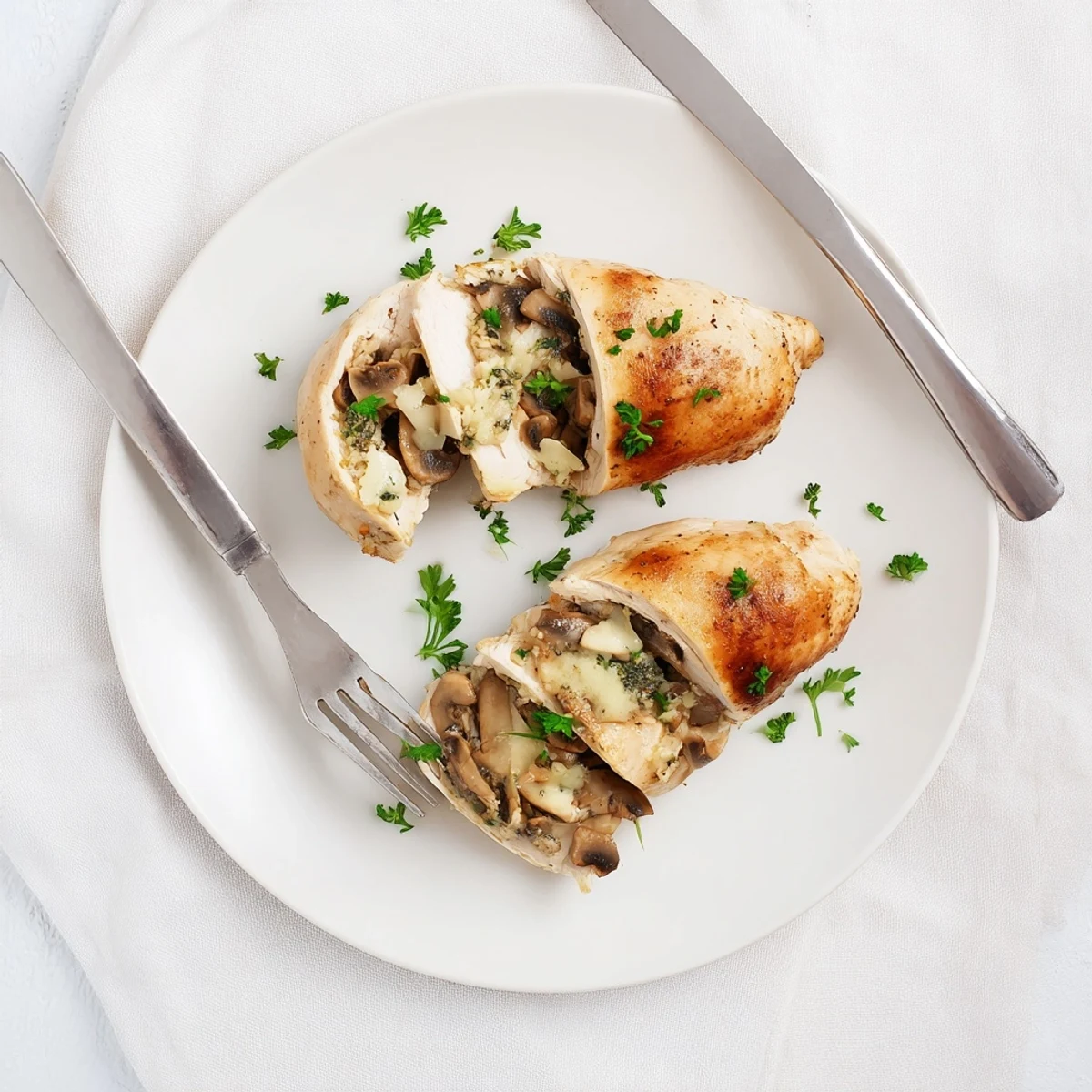 Juicy baked chicken breast stuffed with mushrooms and parmesan served with roasted vegetables