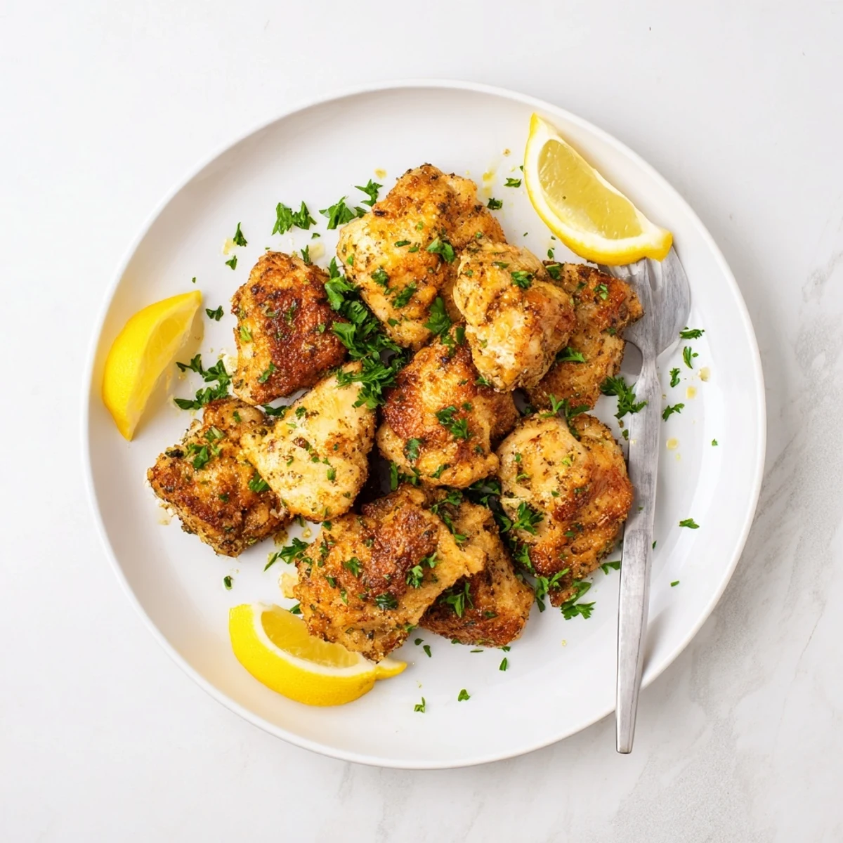 Juicy marinated lemon chicken bites with herbs and garlic plated alongside fresh lemon wedges for serving