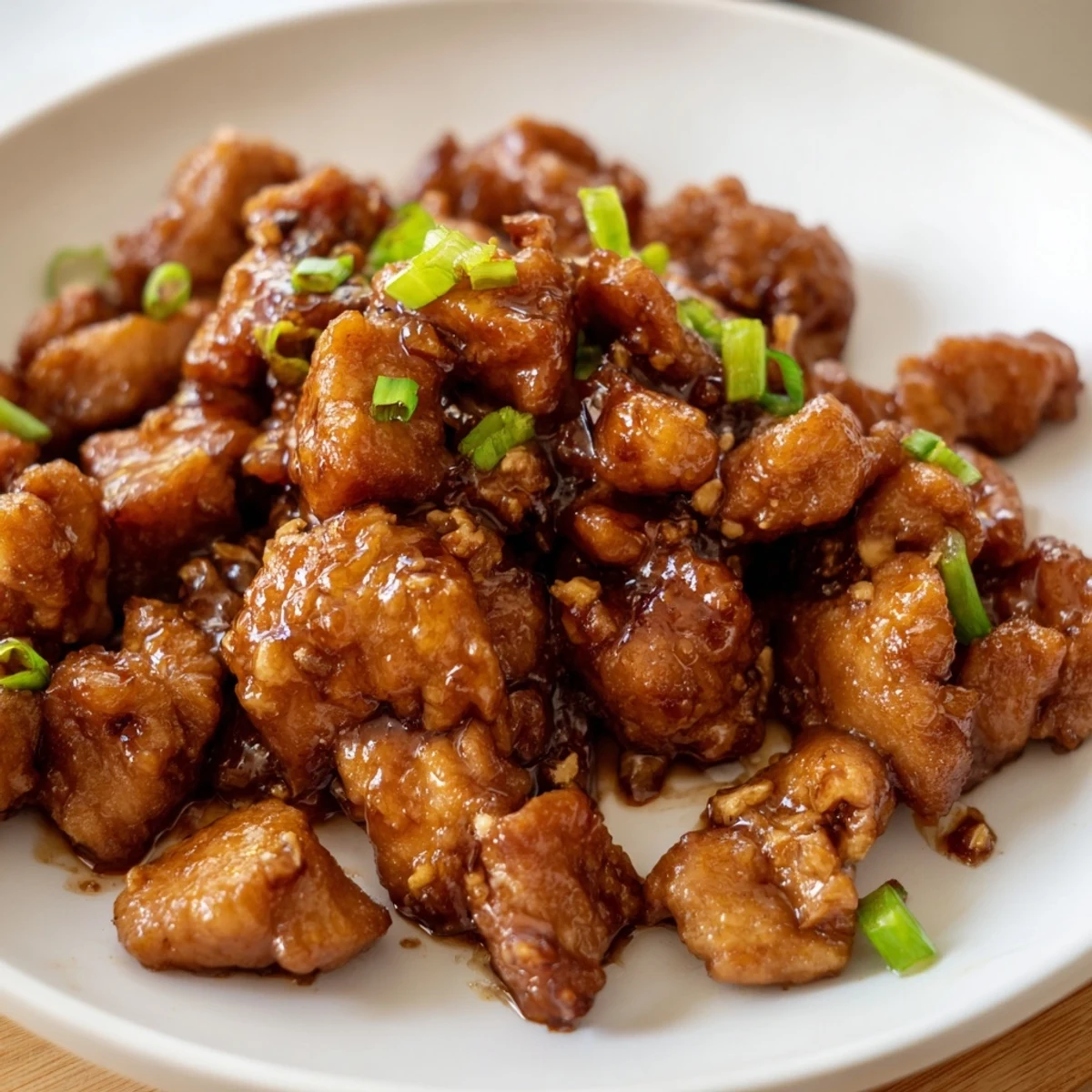 Plate of sweet and savory Mongolian chicken garnished with fresh green onions