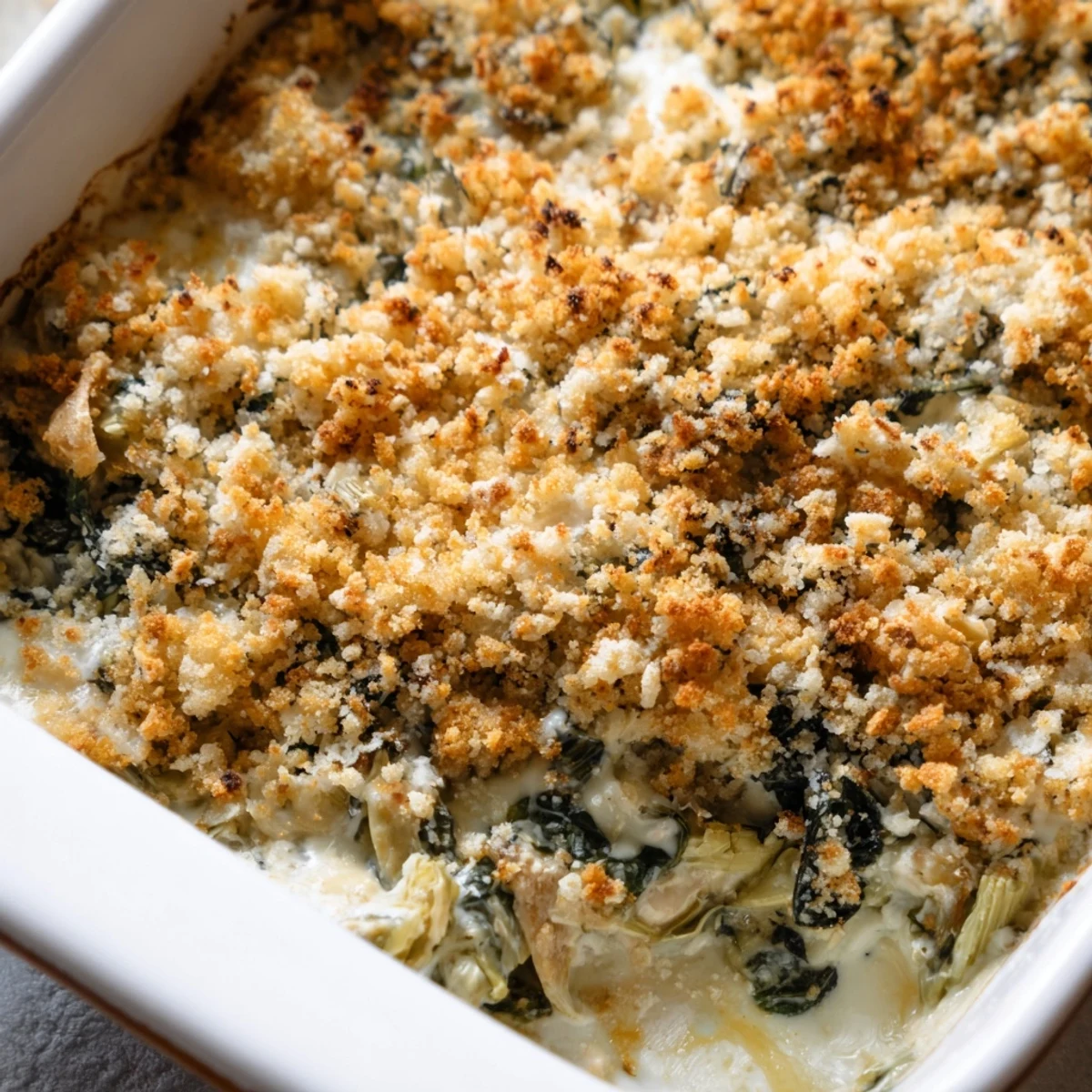 Golden brown high protein spinach and artichoke chicken casserole topped with crispy breadcrumbs in a baking dish