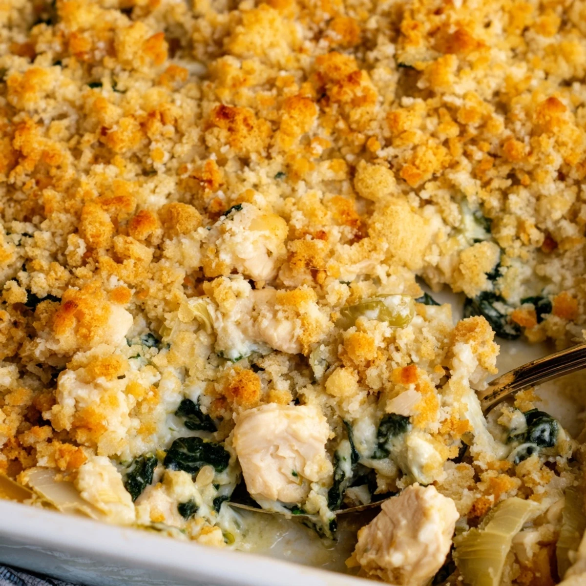 Hearty high protein spinach and artichoke chicken casserole featuring tender chicken pieces and golden panko topping