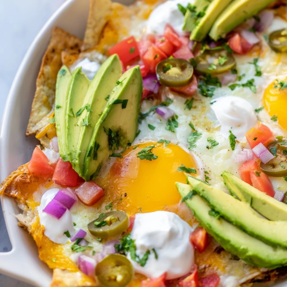Festive breakfast nachos featuring runny yolks over cheesy tortilla chips with diced tomatoes red onion and creamy guacamole garnish