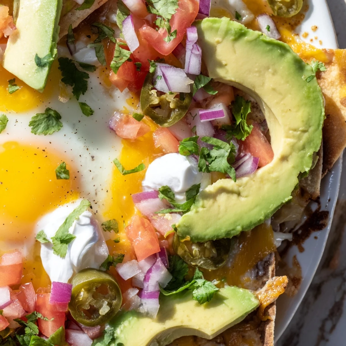 Colorful platter of Mexican egg nachos piled high with melted cheddar fresh cilantro jalapeños and dollops of sour cream