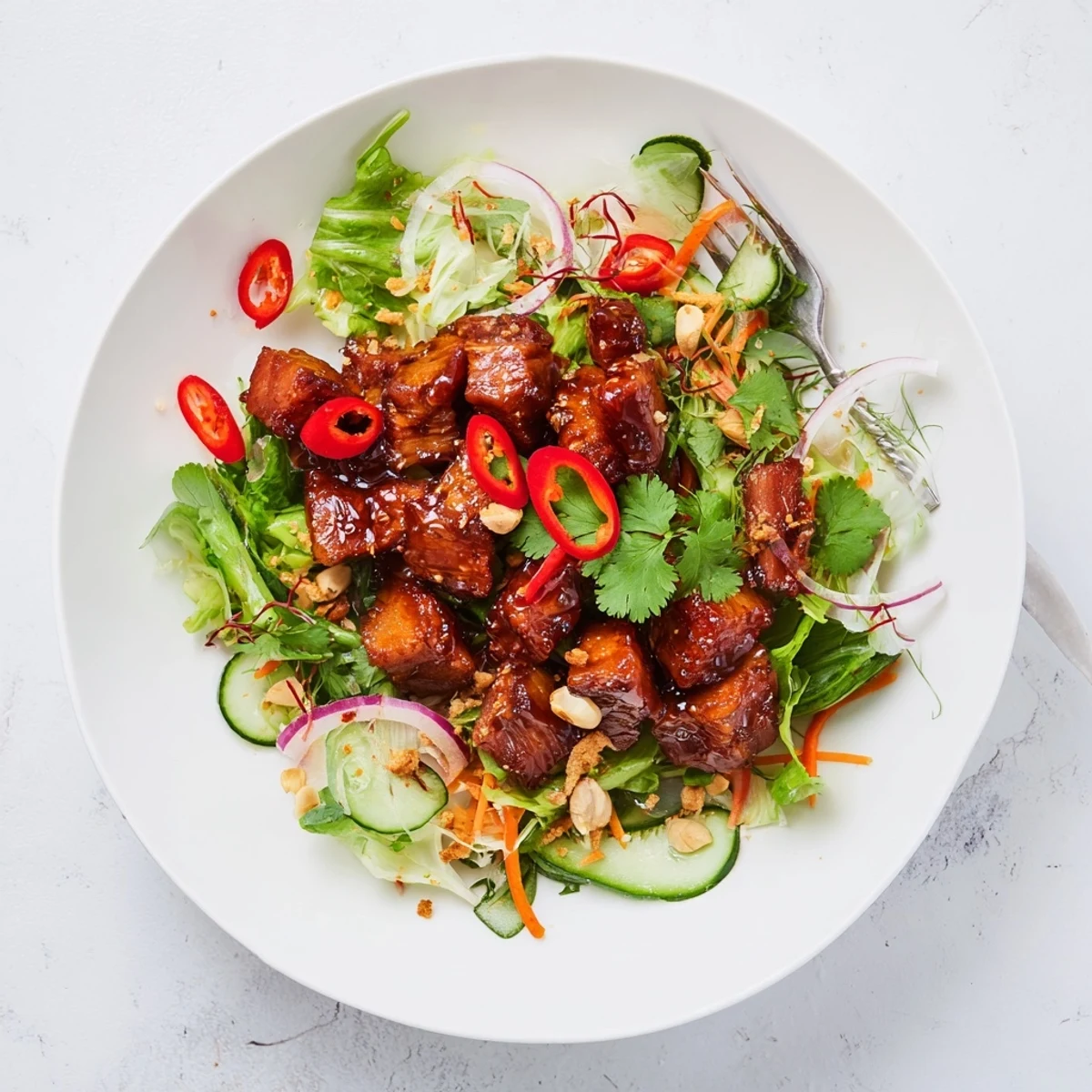 Golden crispy sweet and sour pork belly salad served over fresh colorful vegetables and herbs