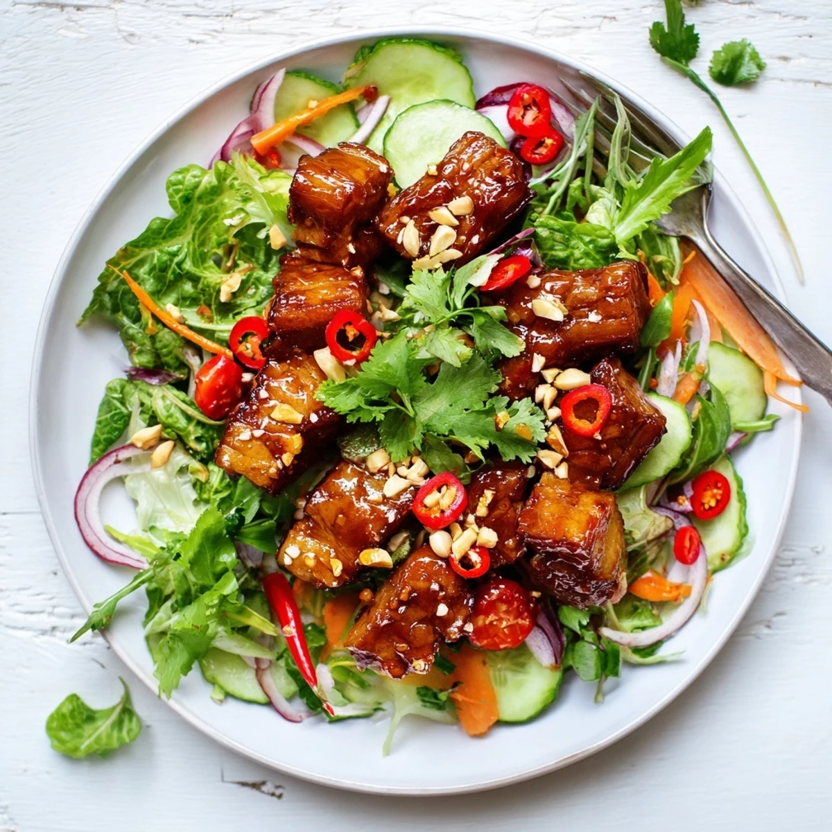 Tender roasted pork belly pieces in tangy sweet and sour sauce atop mixed greens and vegetables