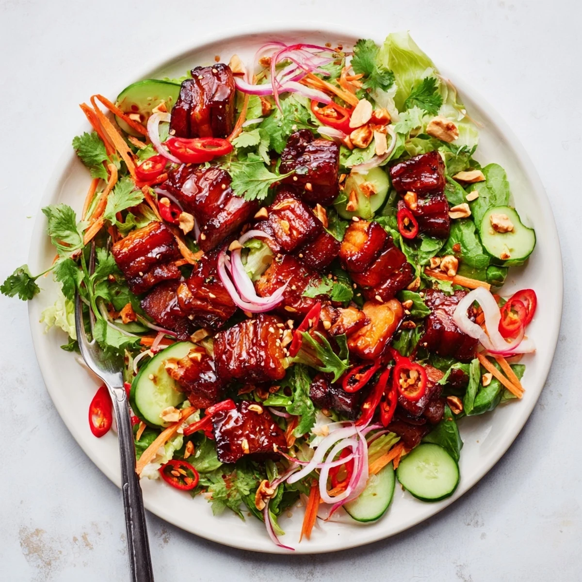 Vibrant Asian fusion salad featuring glazed pork belly with crunchy peanuts and sesame seed topping