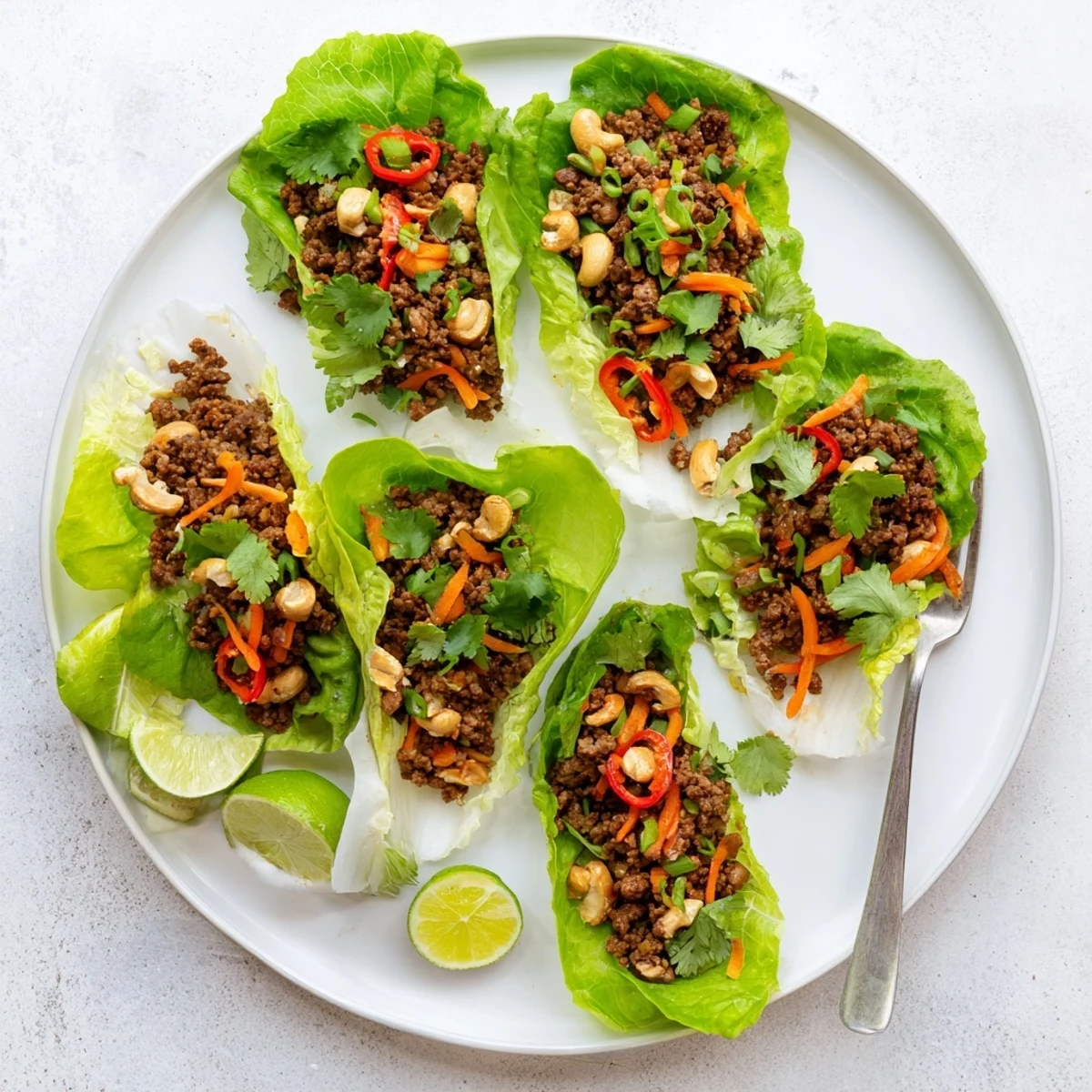 Fresh lettuce cups filled with savory seasoned ground beef and crunchy roasted cashews