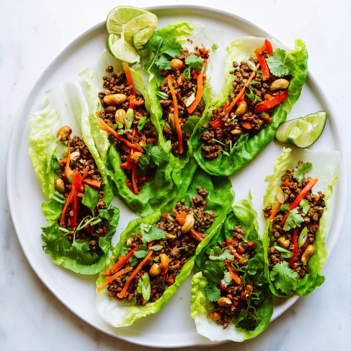 Crisp butter lettuce leaves topped with Asian-inspired beef mixture and chopped cashews