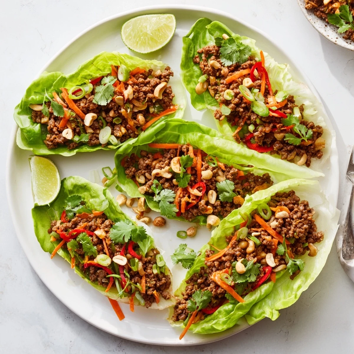 Appetizer platter of beef and cashew stuffed lettuce cups garnished with cilantro and lime