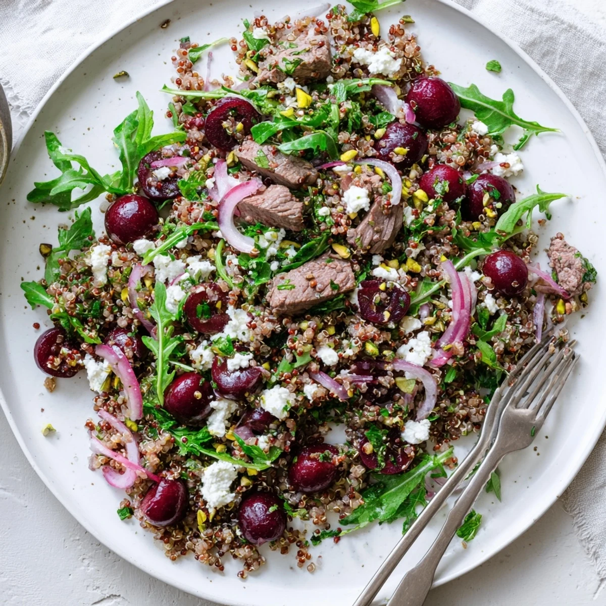 Golden seared lamb strips rest atop a fluffy bed of quinoa studded with ruby red cherries and crumbled feta in this Mediterranean cherry quinoa salad