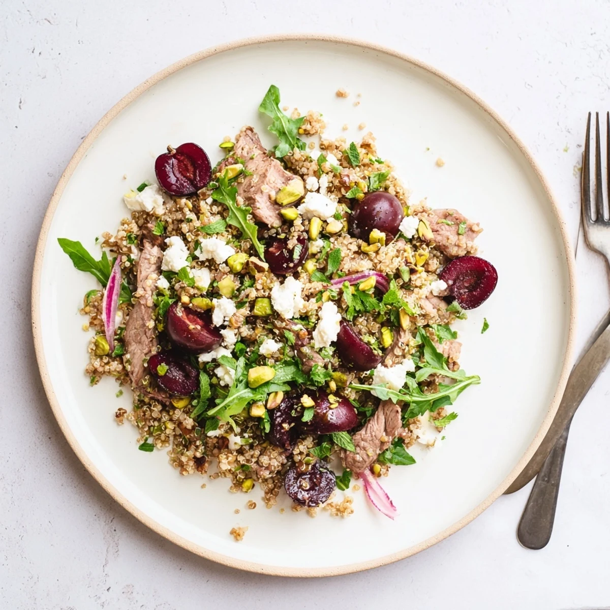 Vibrant bowl of cherry quinoa salad featuring tender spiced lamb, fresh spinach, toasted pistachios, and zesty herb dressing glistening under natural light