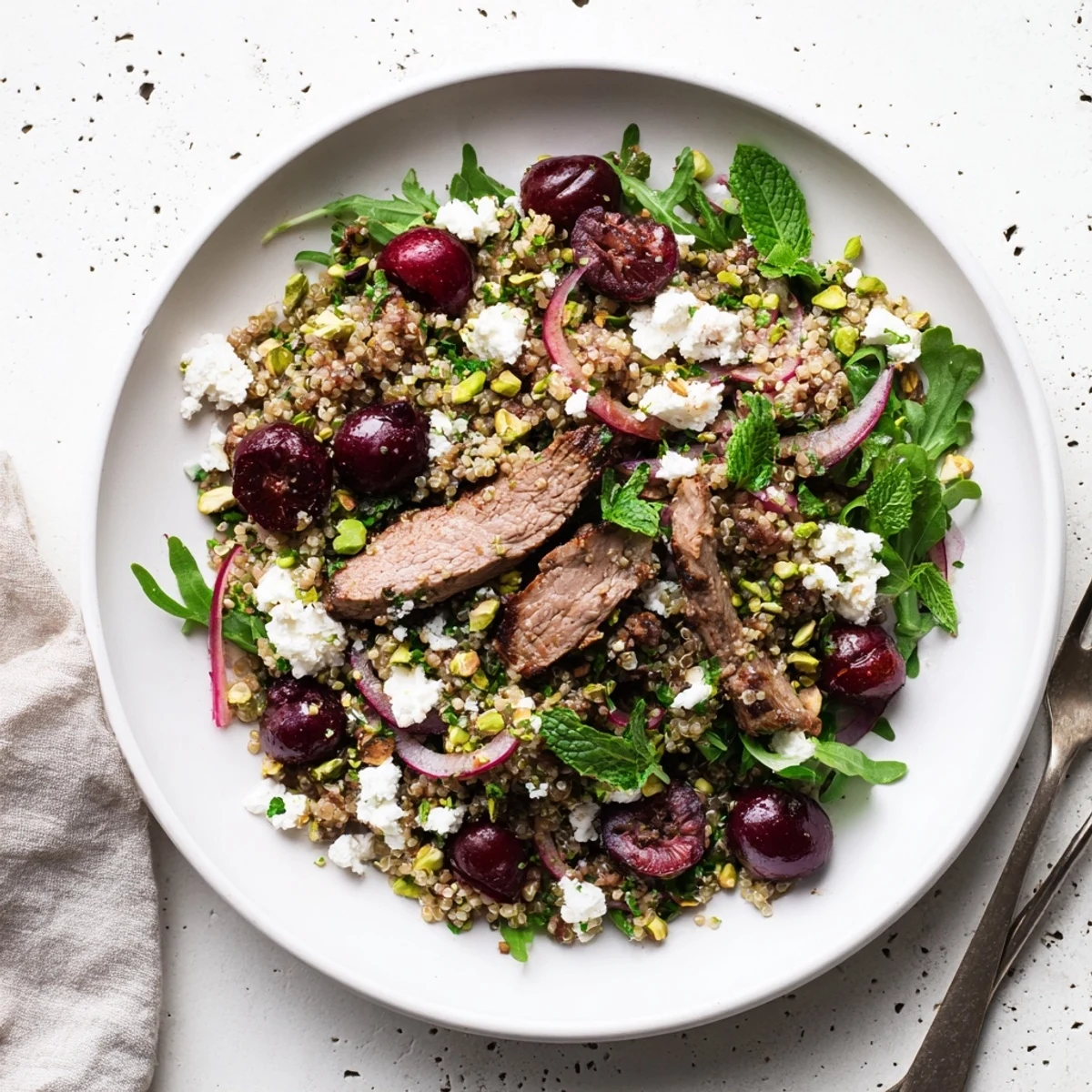 Protein-packed cherry quinoa salad with lamb arranged elegantly with halved cherries, red onion, and mint leaves on a white serving plate