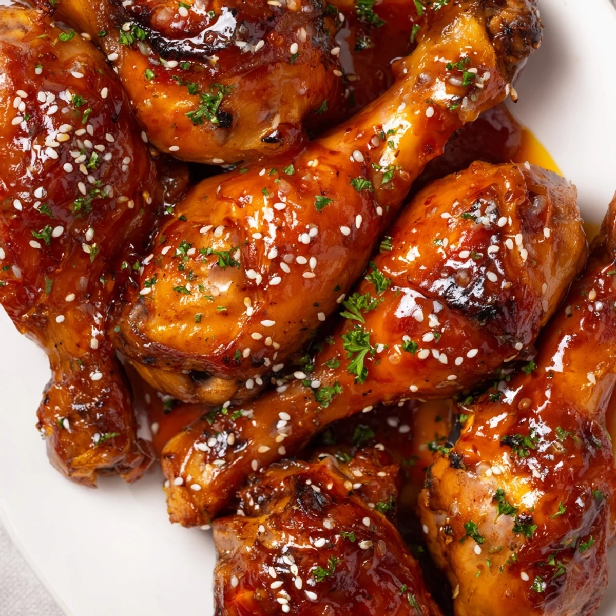 Golden honey garlic baked chicken drumsticks with sticky caramelized glaze and sesame seed garnish