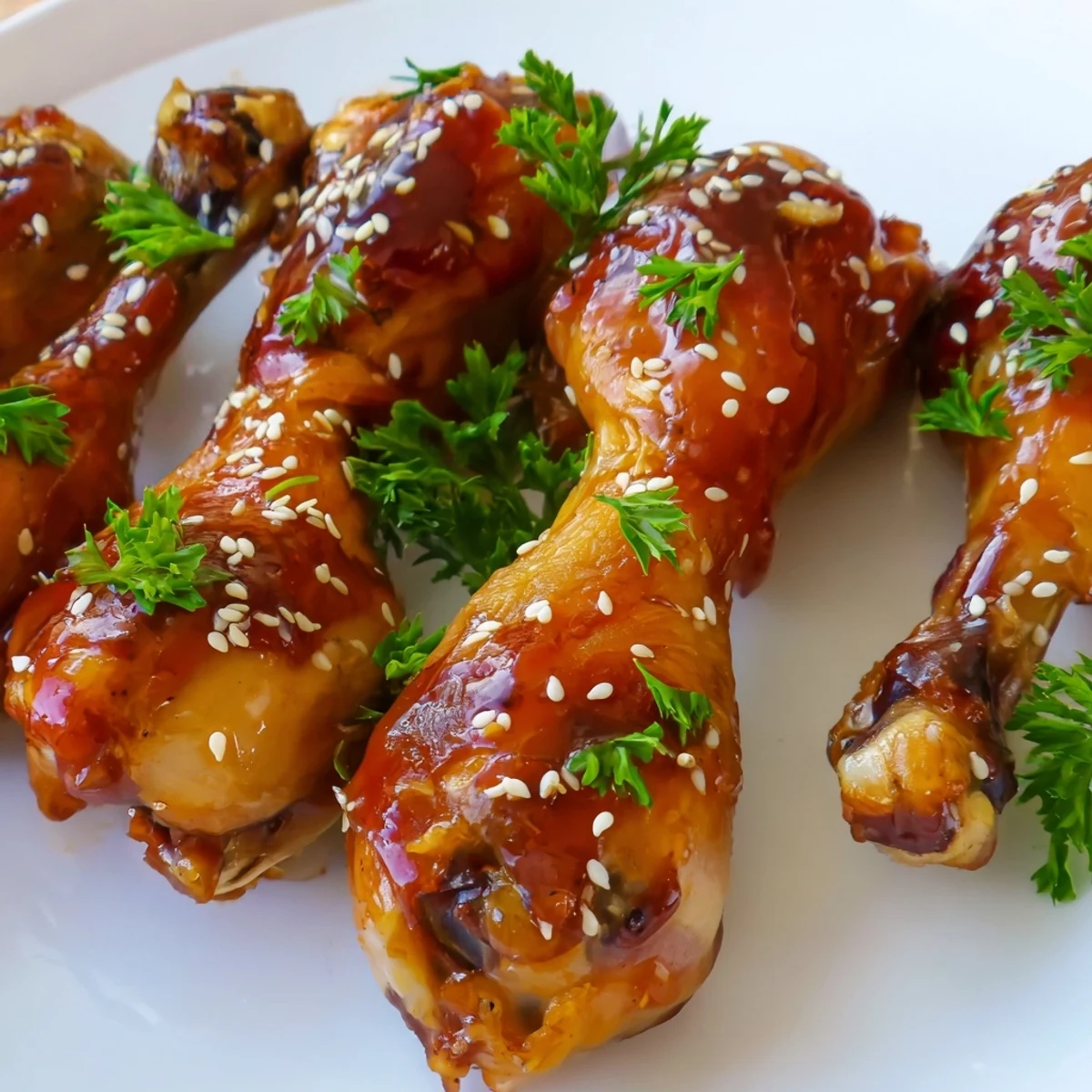 Tender baked chicken drumsticks coated in sweet honey garlic sauce, perfectly caramelized and glistening