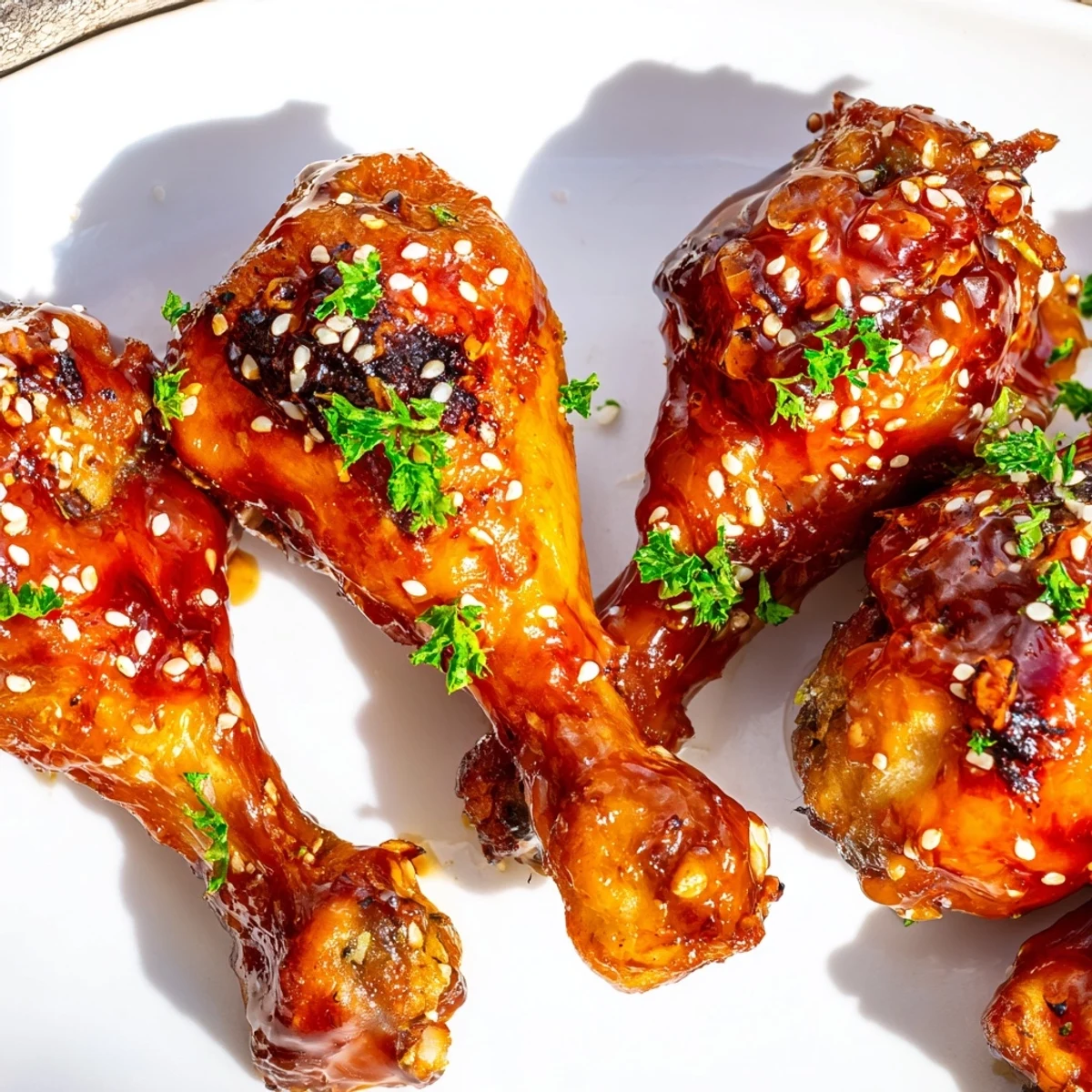 Family-style honey garlic baked chicken drumsticks arranged on baking sheet with parsley sprinkled on top