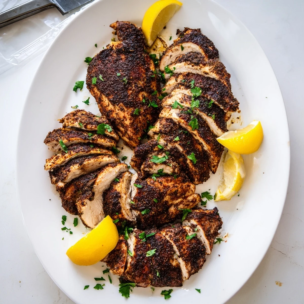 Juicy blackened chicken sliced to reveal tender meat with aromatic Cajun spices