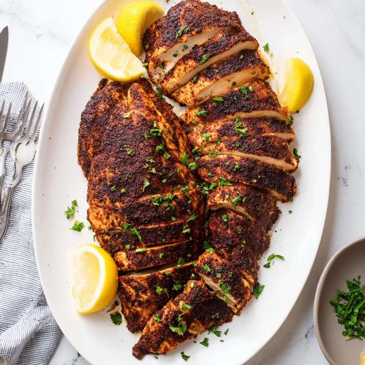 Cast iron skillet blackened chicken with smoky charred crust and fresh parsley garnish