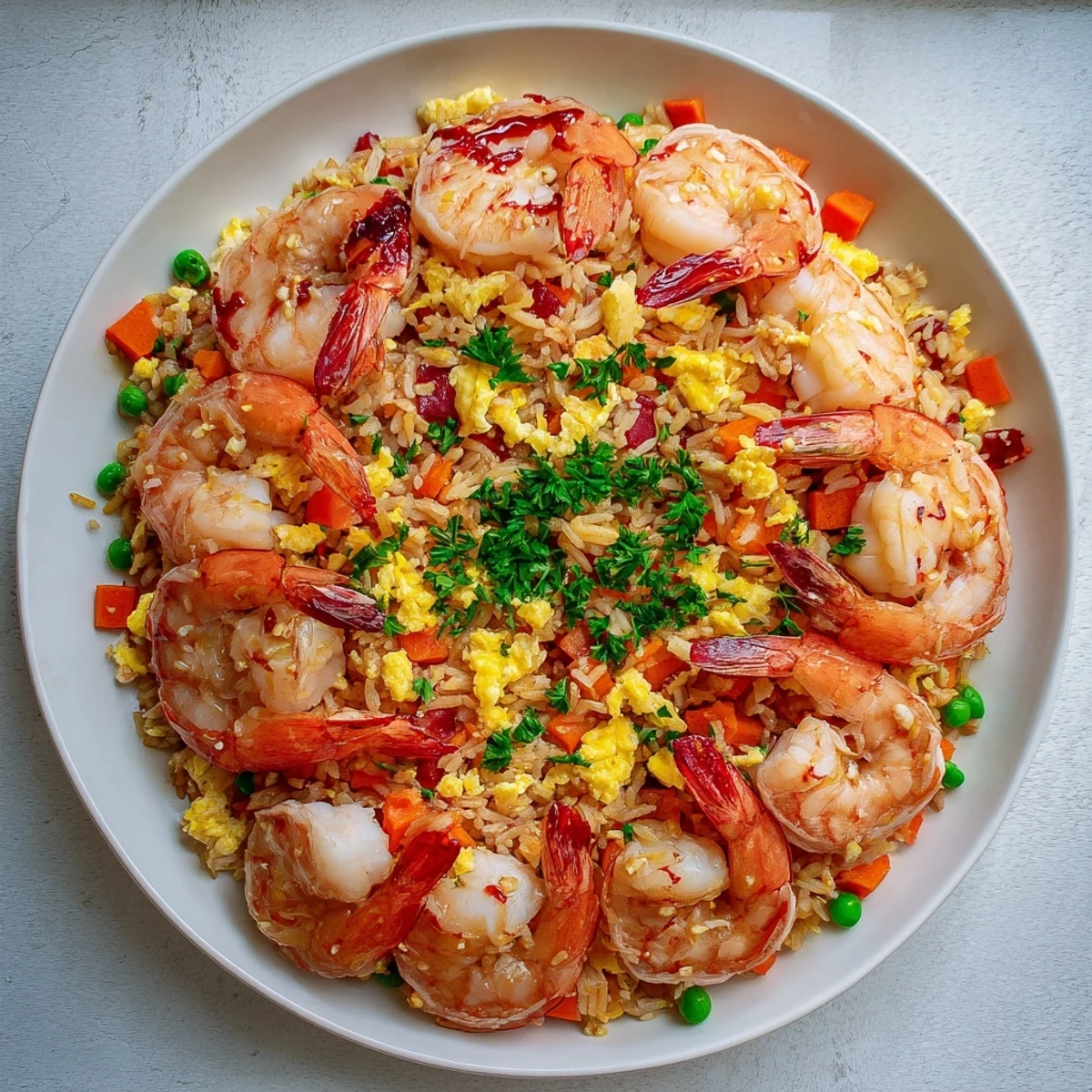 Golden garlic prawns arranged over colorful sweet chilli fried rice with diced vegetables.