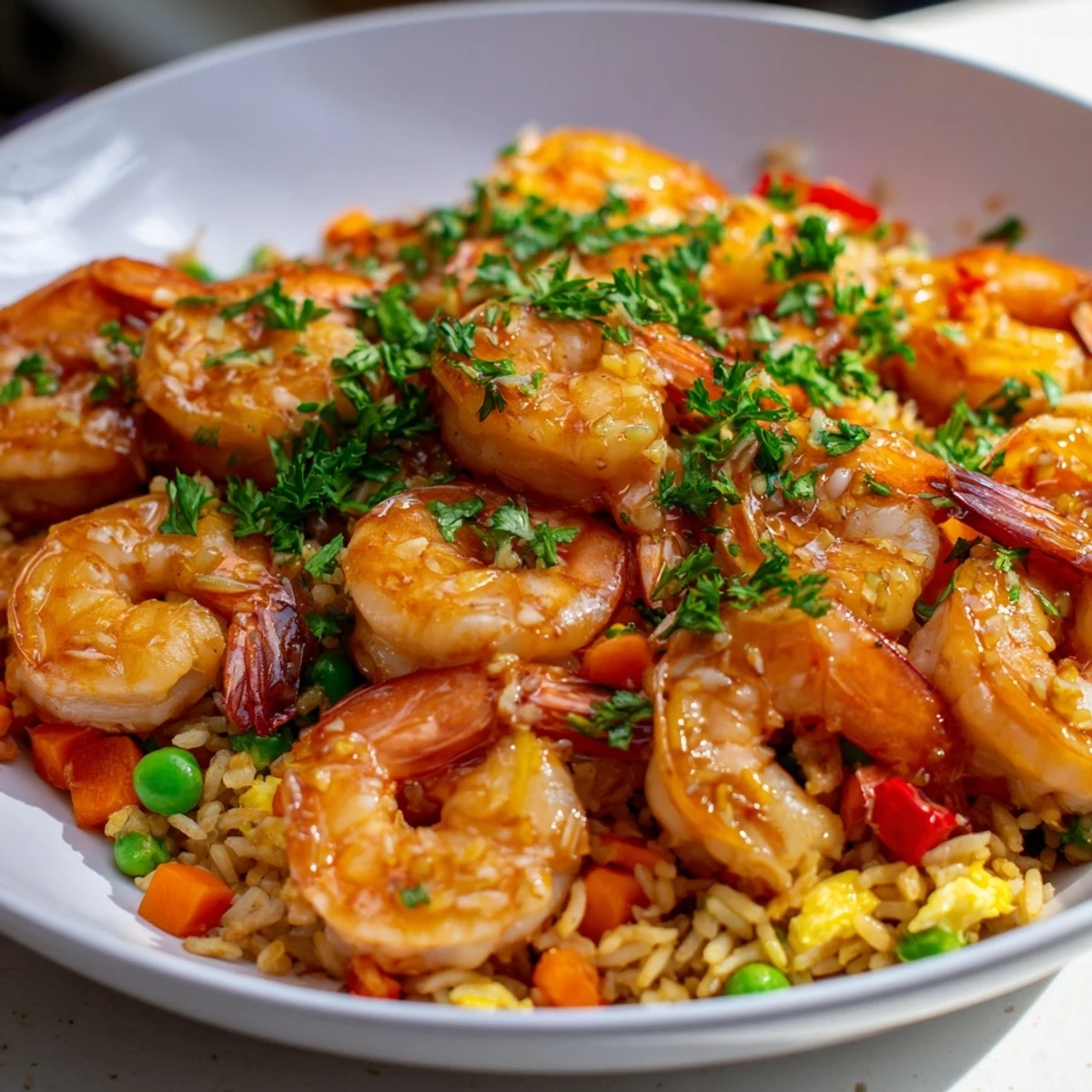 Plump garlic prawns atop steaming sweet chilli fried rice garnished with fresh parsley.